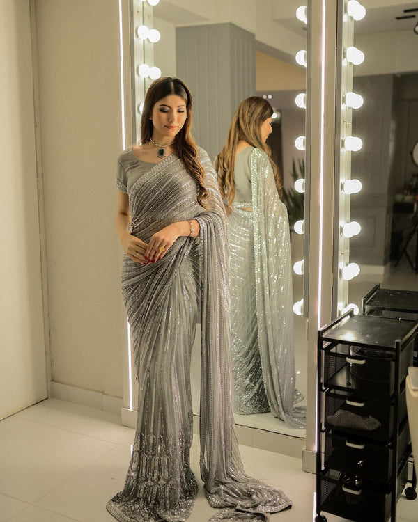 Glimmering Gray Color Sequence Work Saree