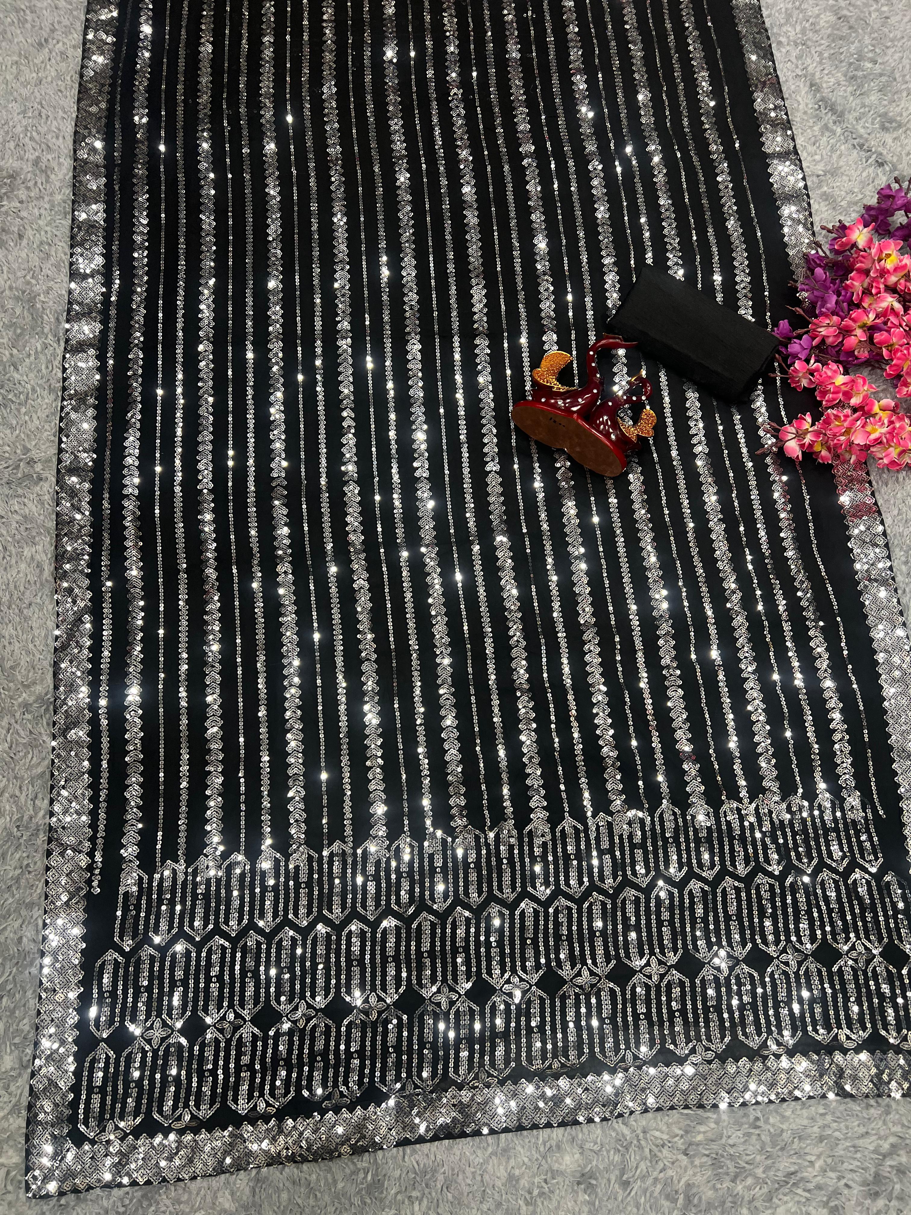 Glimmering Black Color Sequence Work Saree