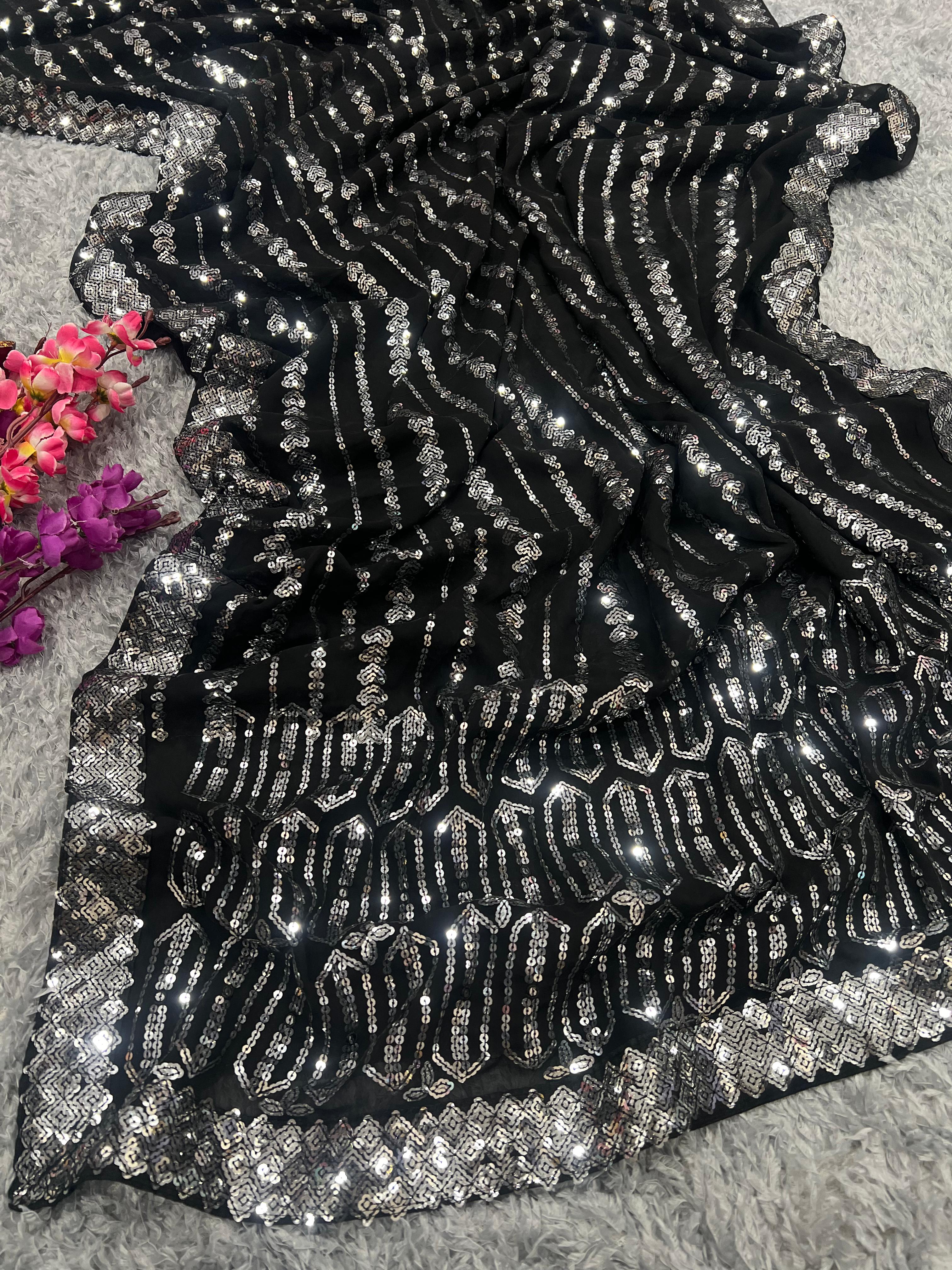 Glimmering Black Color Sequence Work Saree
