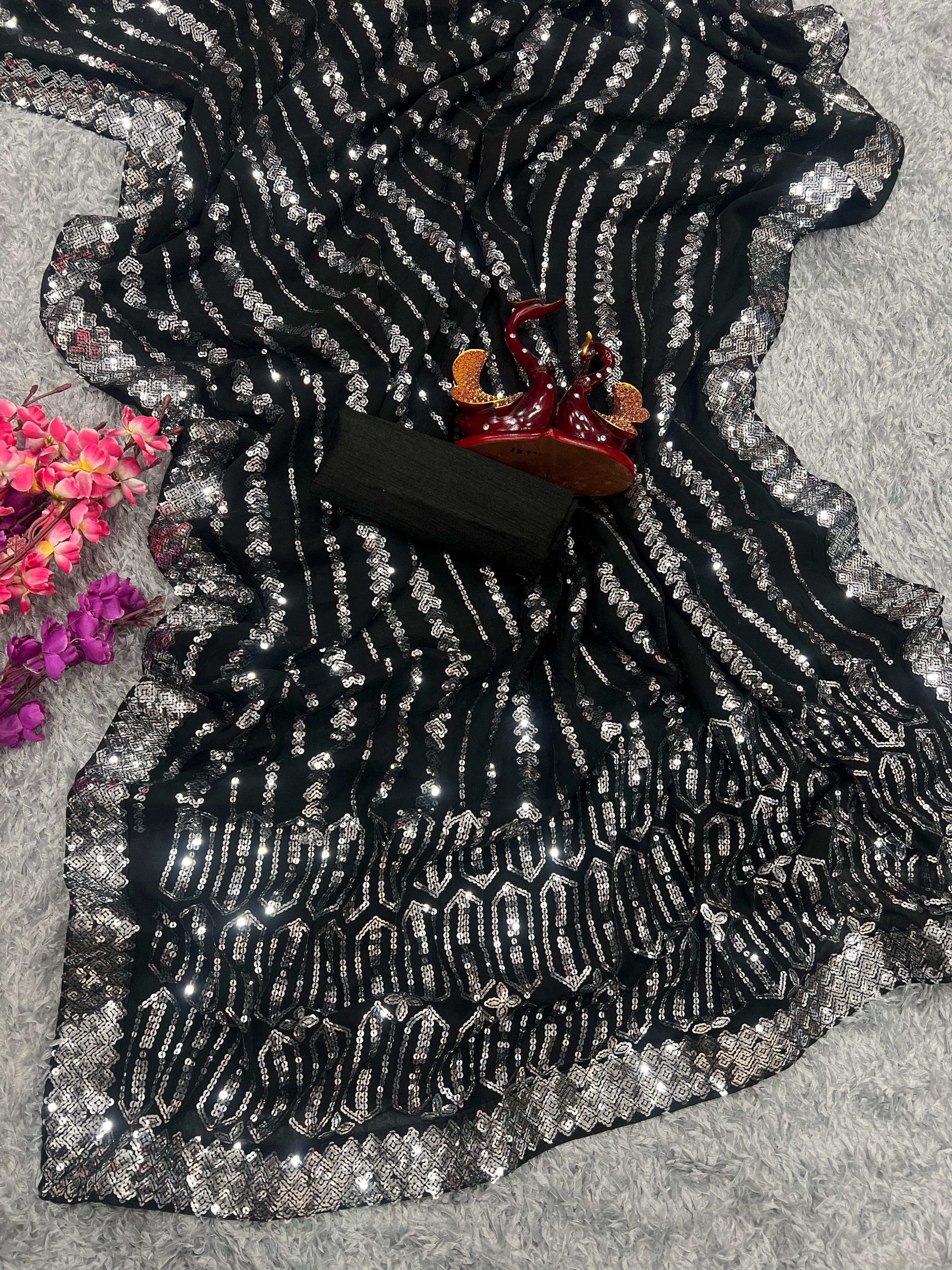 Glimmering Black Color Sequence Work Saree