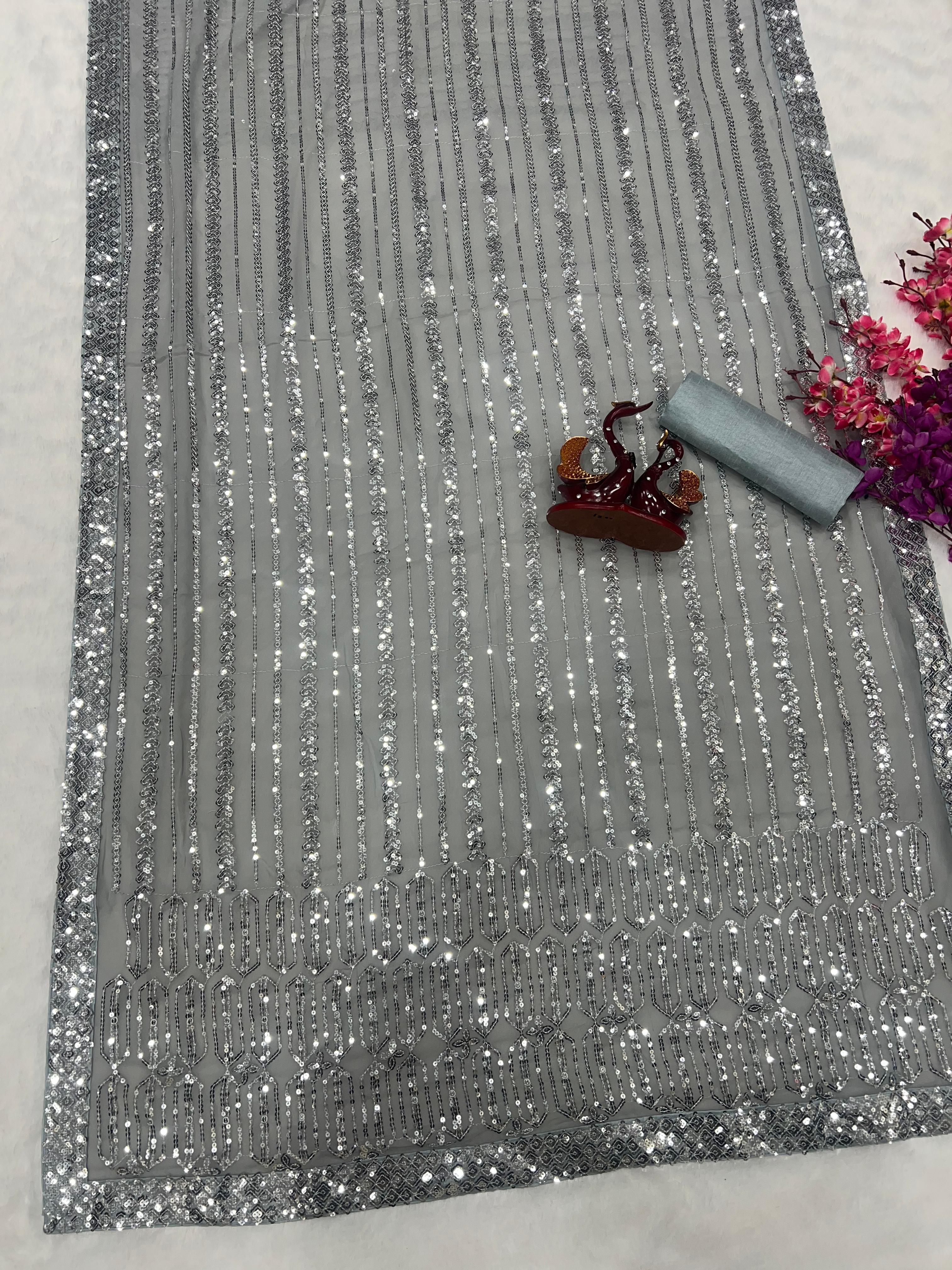 Glimmering Gray Color Sequence Work Saree