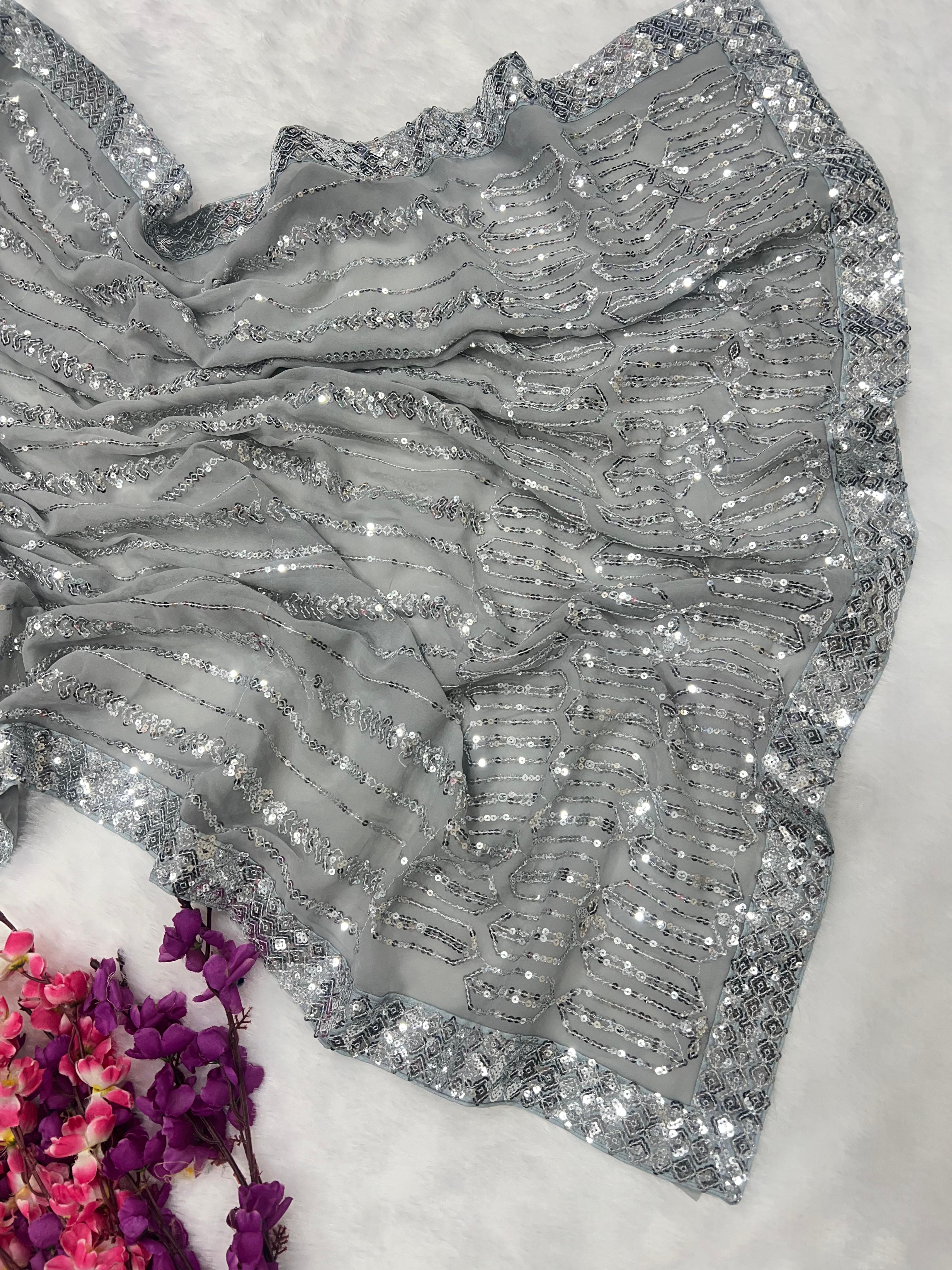 Glimmering Gray Color Sequence Work Saree