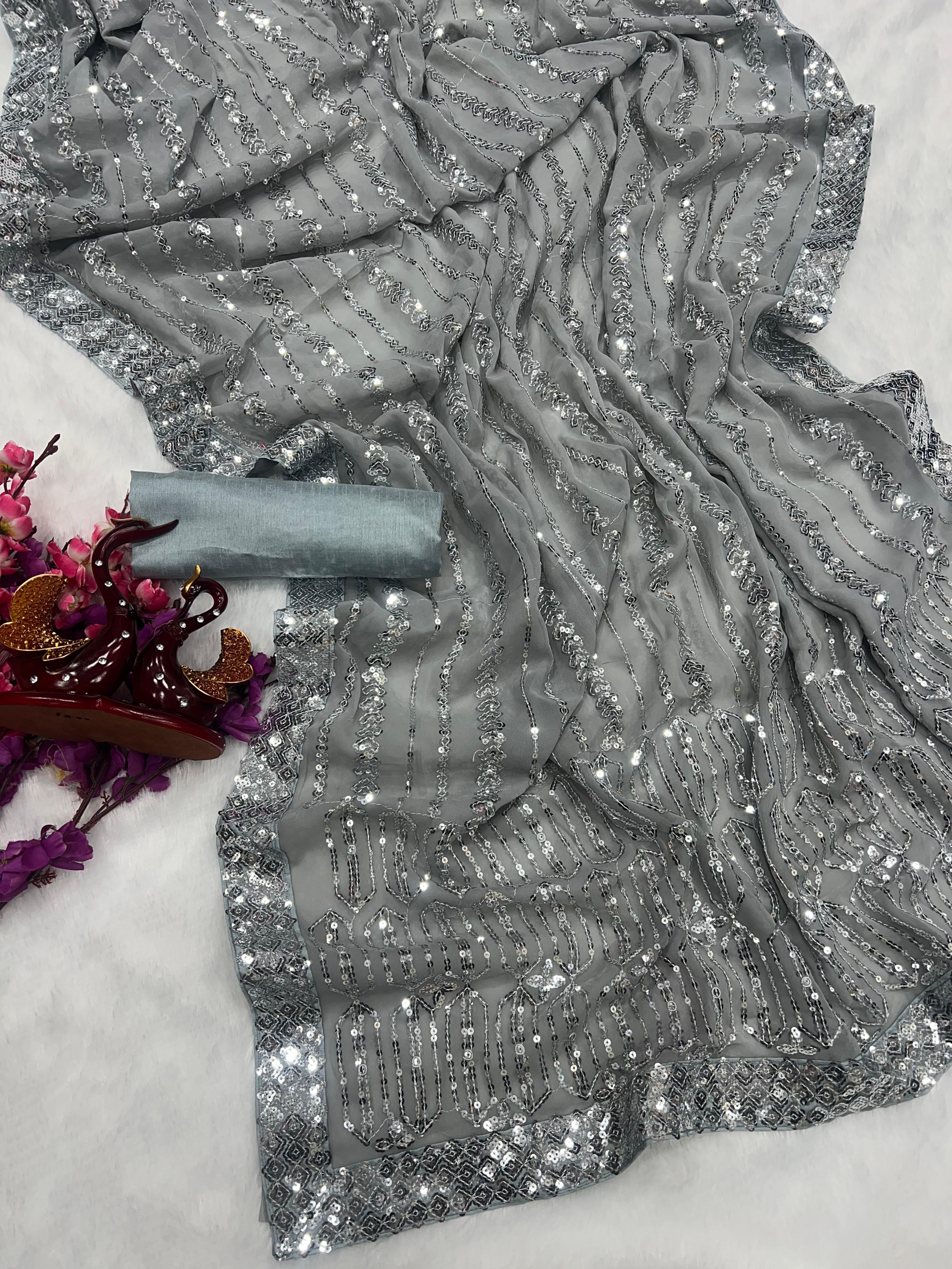 Glimmering Gray Color Sequence Work Saree