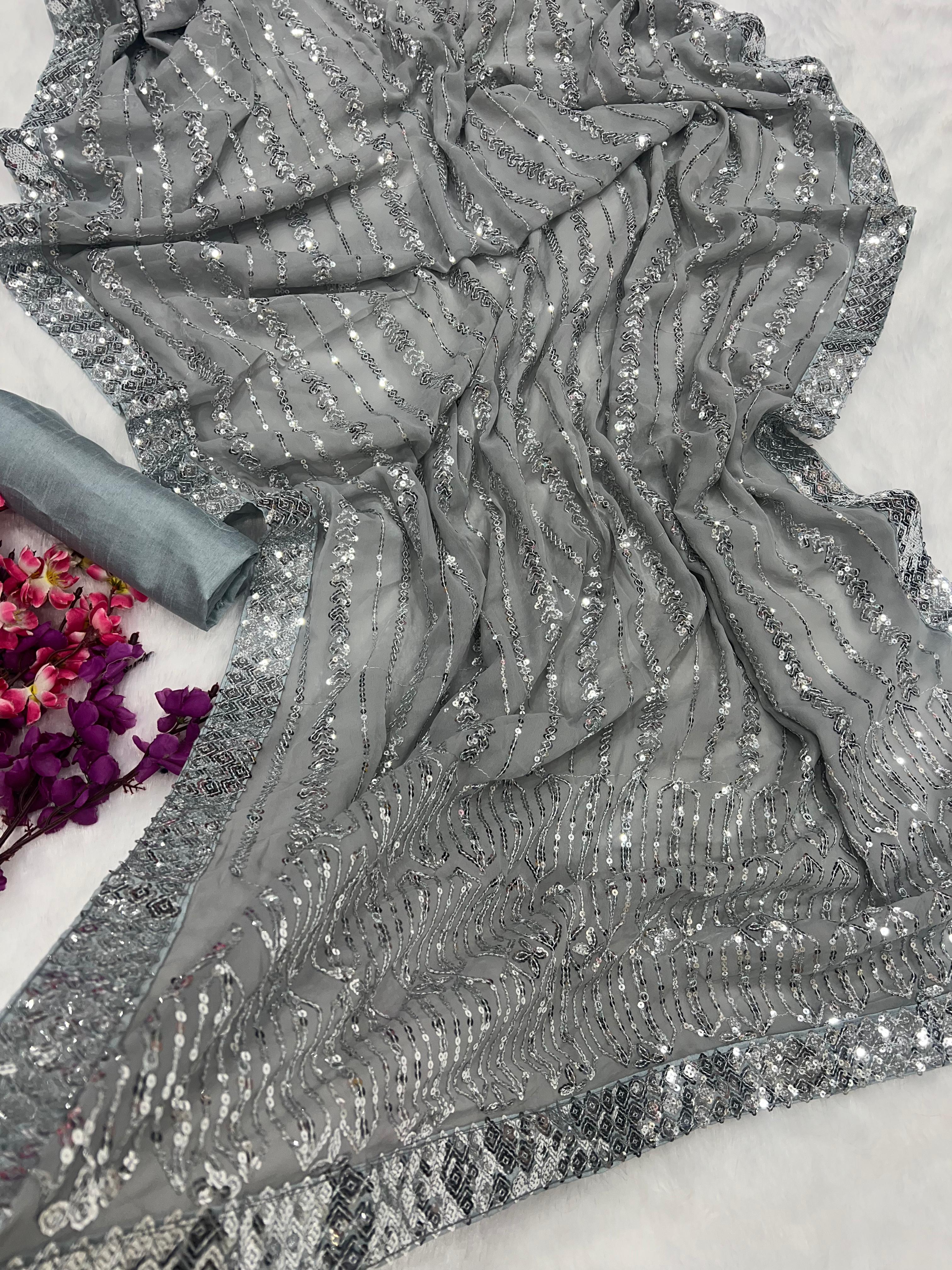 Glimmering Gray Color Sequence Work Saree