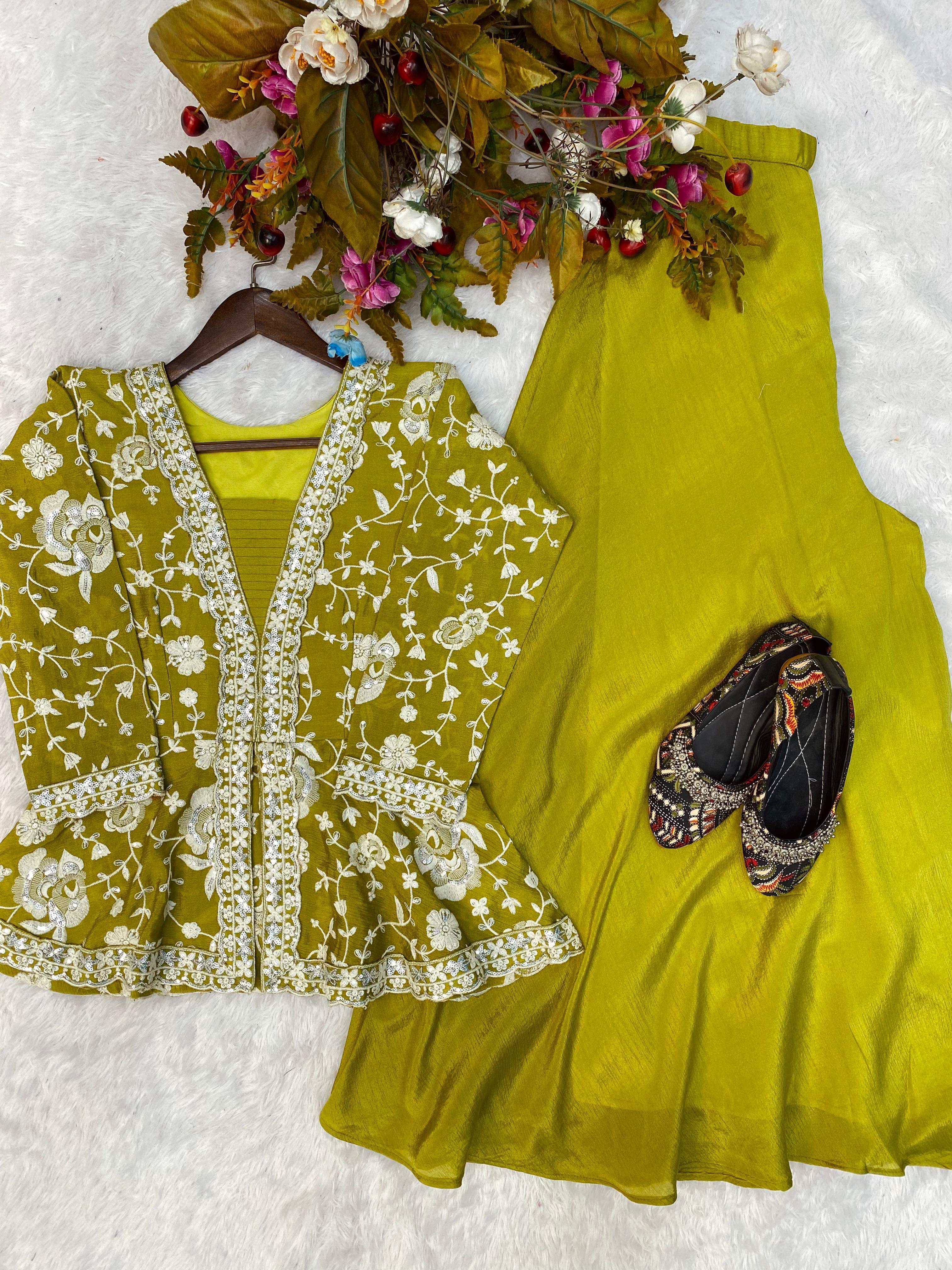 Fabulous Embroidery Work Mehndi Color Palazzo Suit