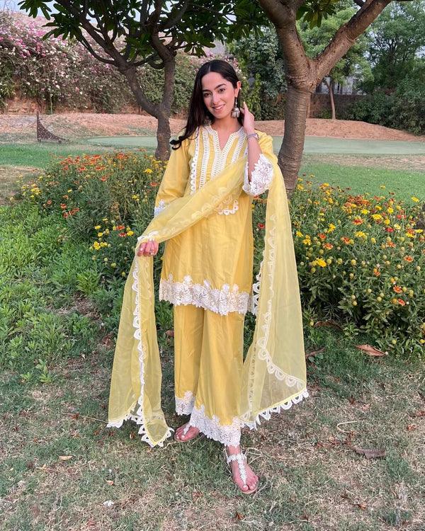 Fantastic Chain Stitch Work Yellow Color Palazzo Suit