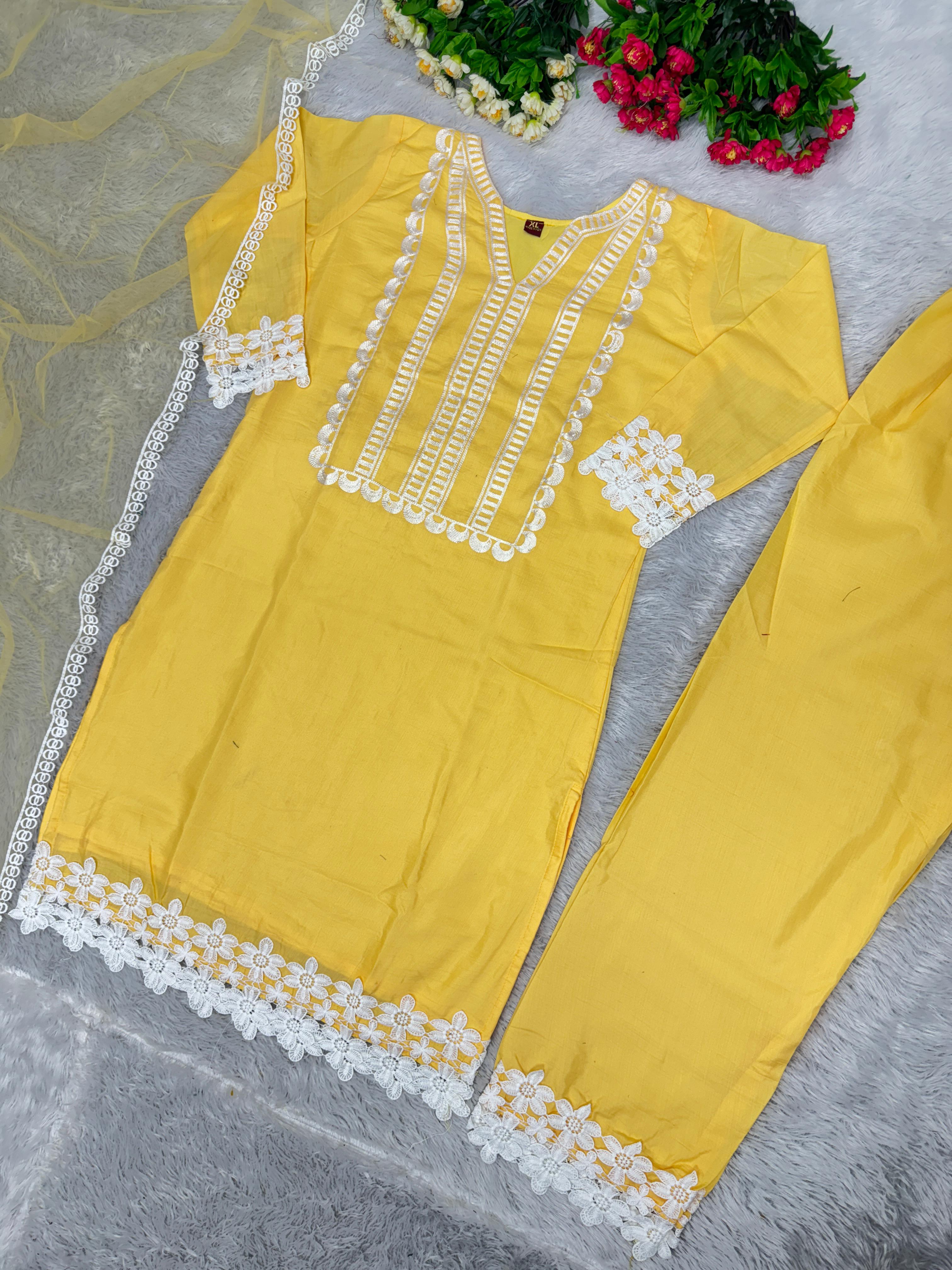 Fantastic Chain Stitch Work Yellow Color Palazzo Suit