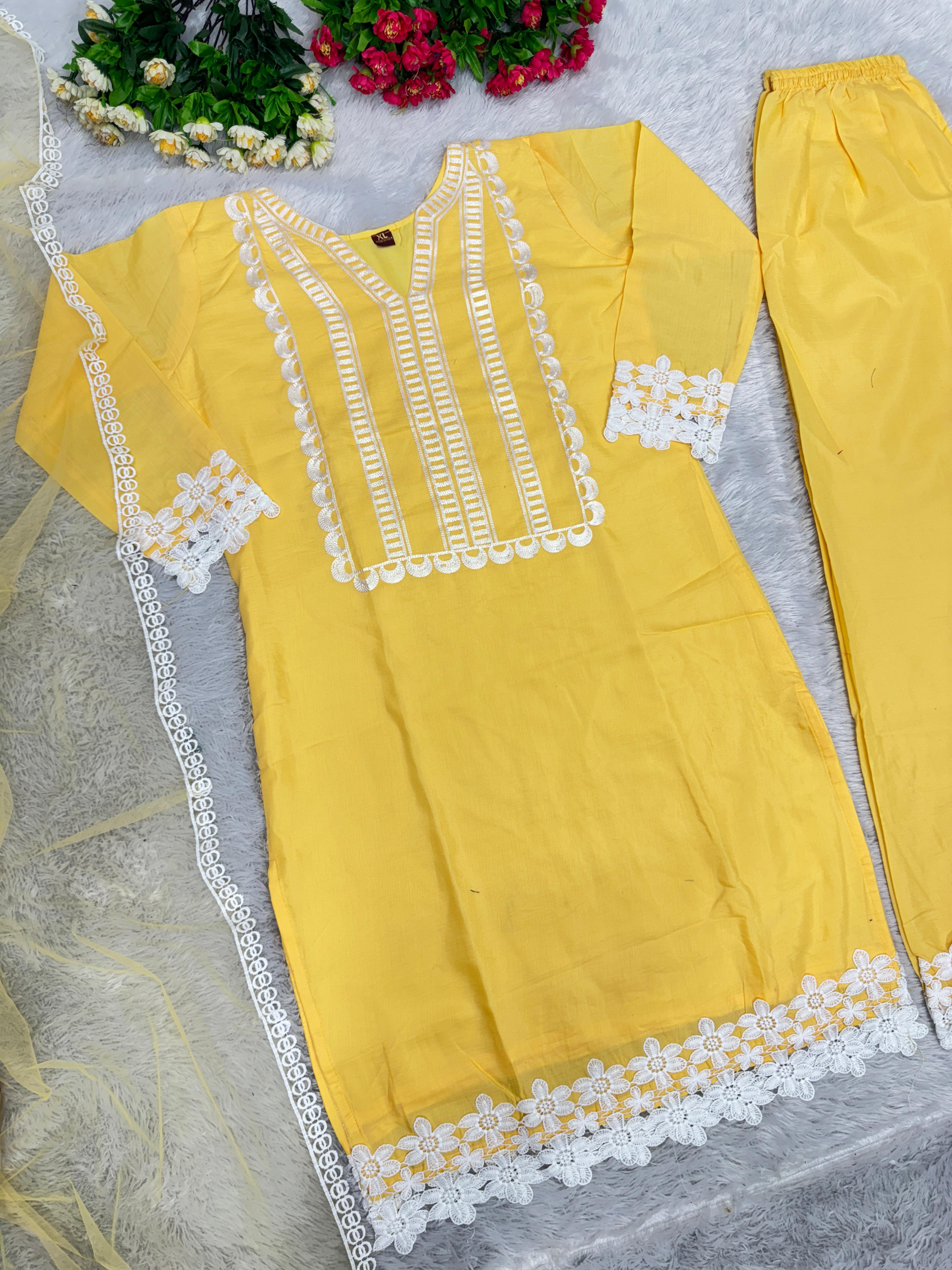 Fantastic Chain Stitch Work Yellow Color Palazzo Suit