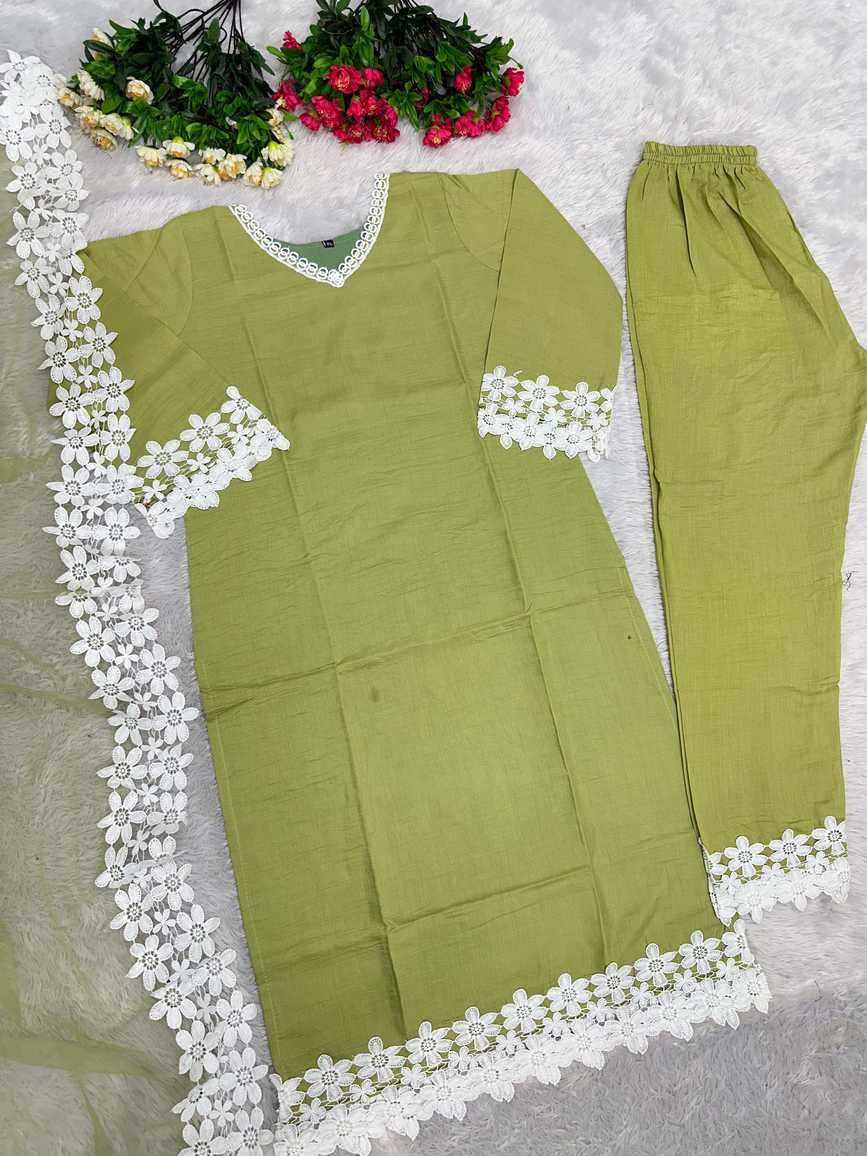 Fantastic Chain Stitch Work Green Color Palazzo Suit