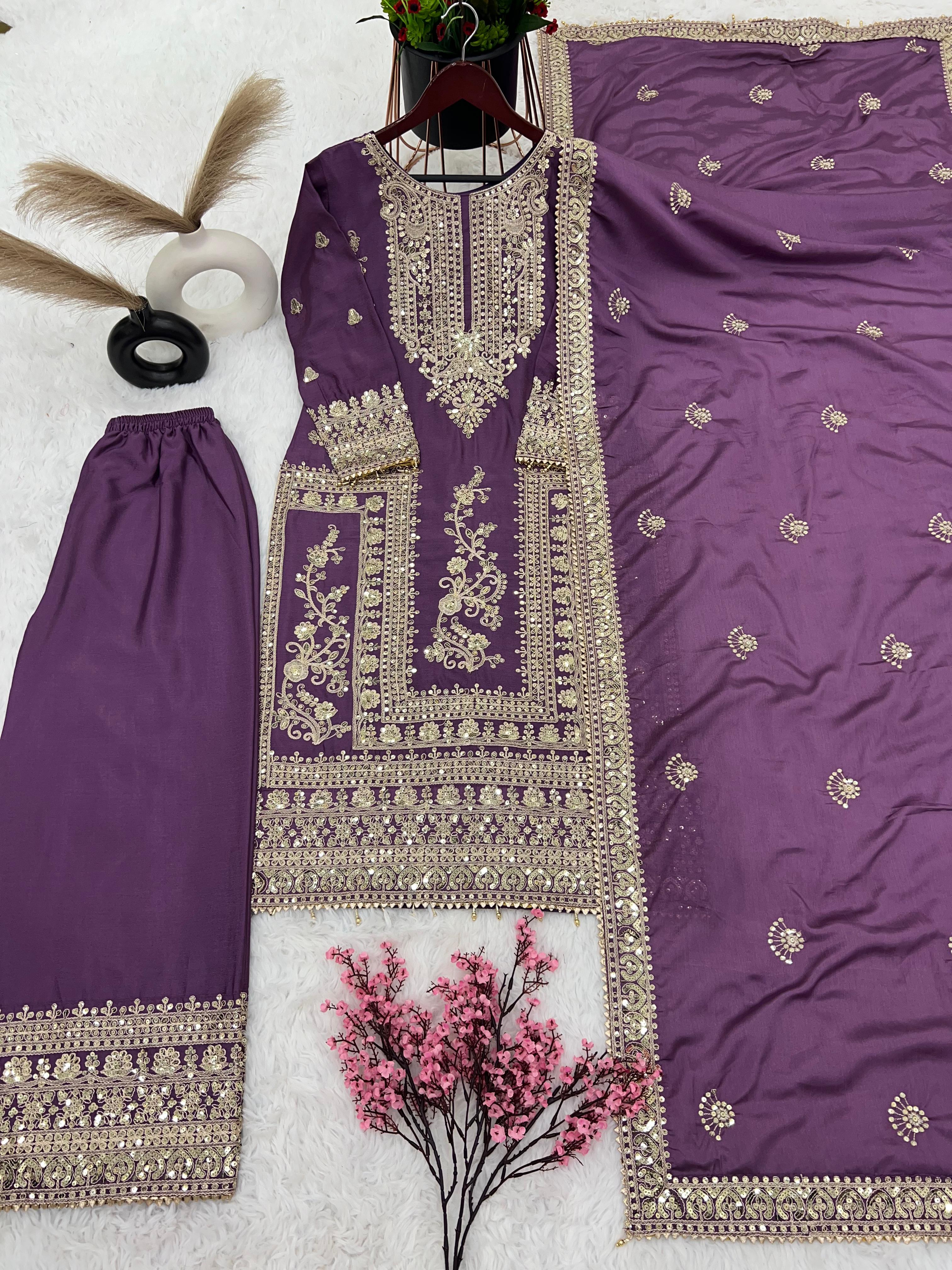 Awesome Purple Color Embroidery Work Palazzo Suit