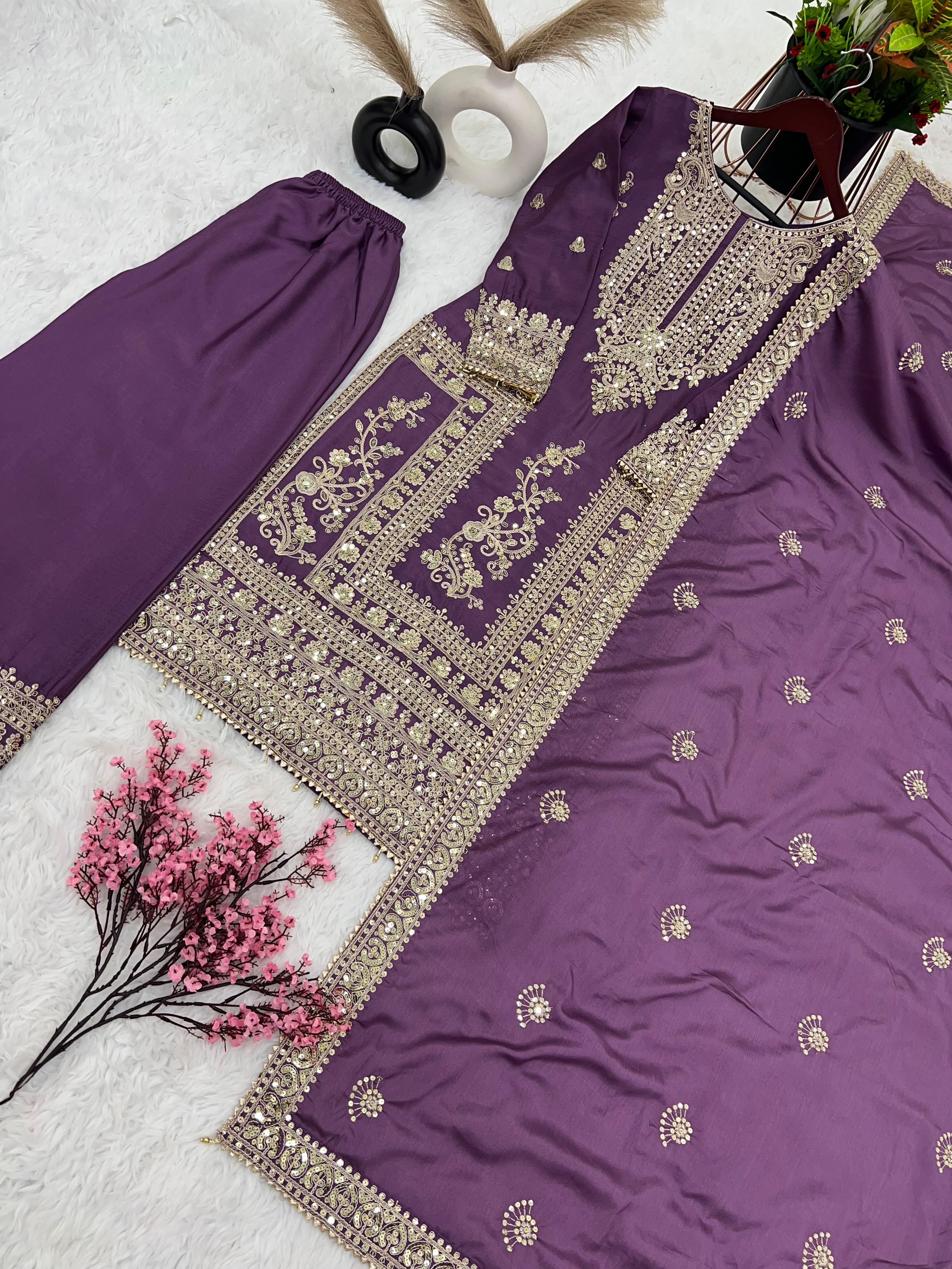 Awesome Purple Color Embroidery Work Palazzo Suit