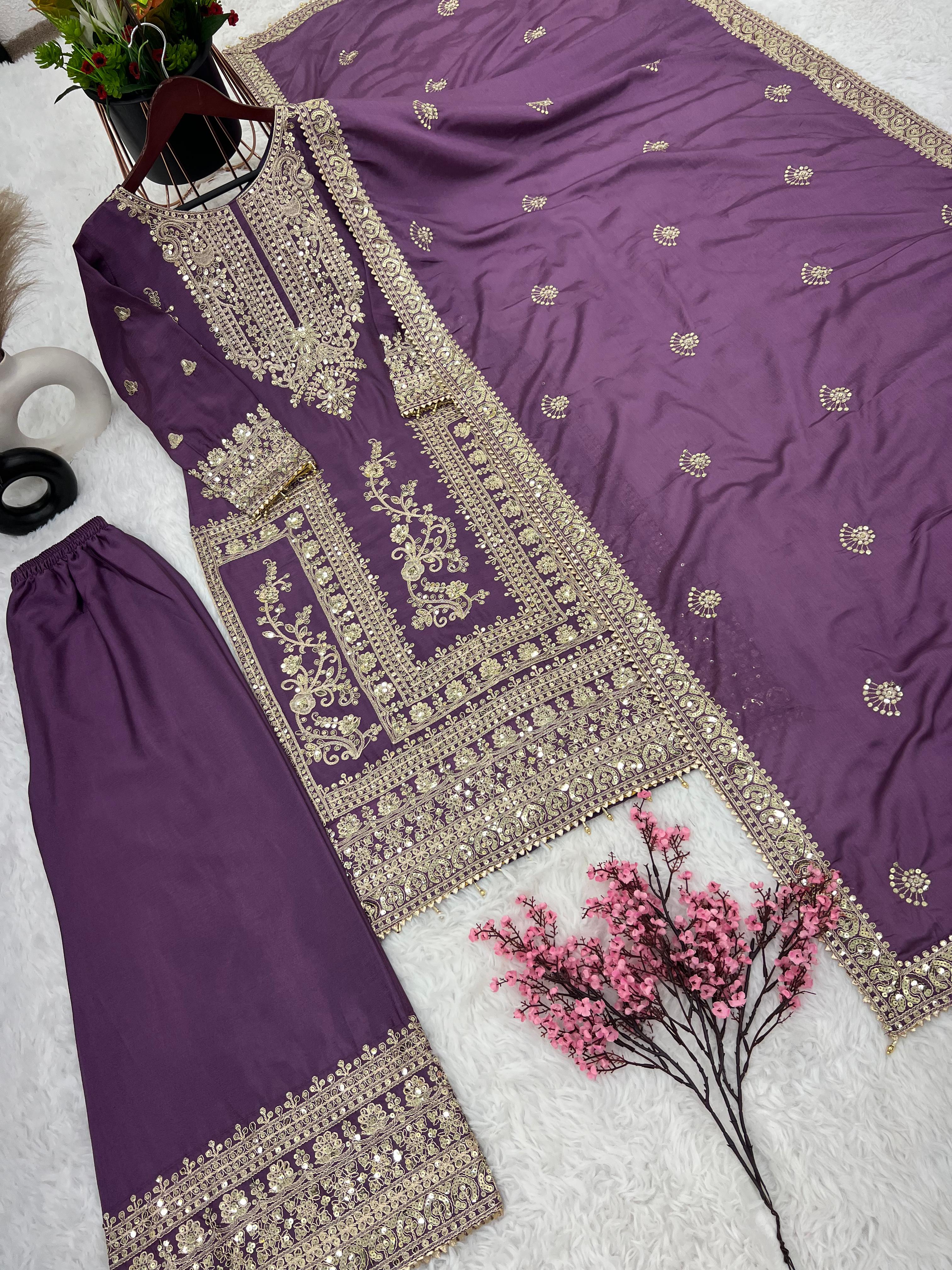 Awesome Purple Color Embroidery Work Palazzo Suit