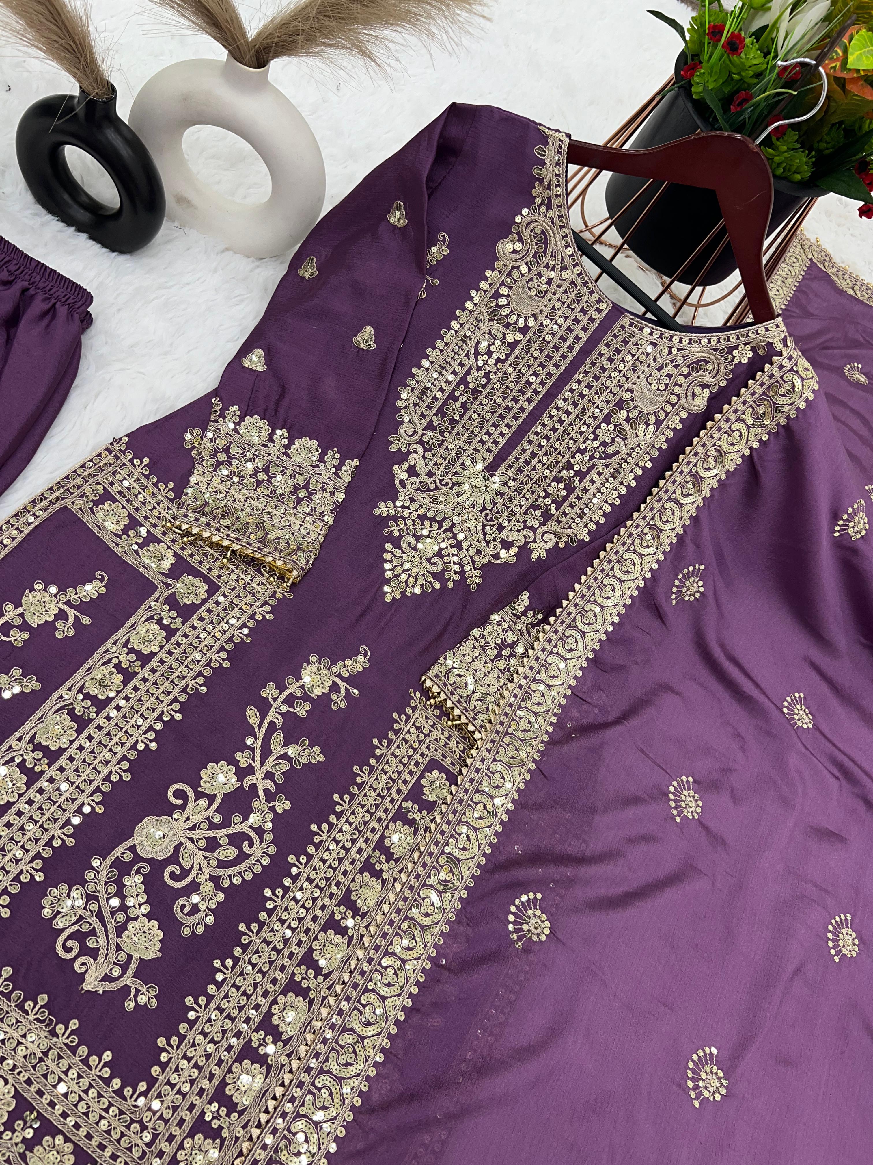 Awesome Purple Color Embroidery Work Palazzo Suit