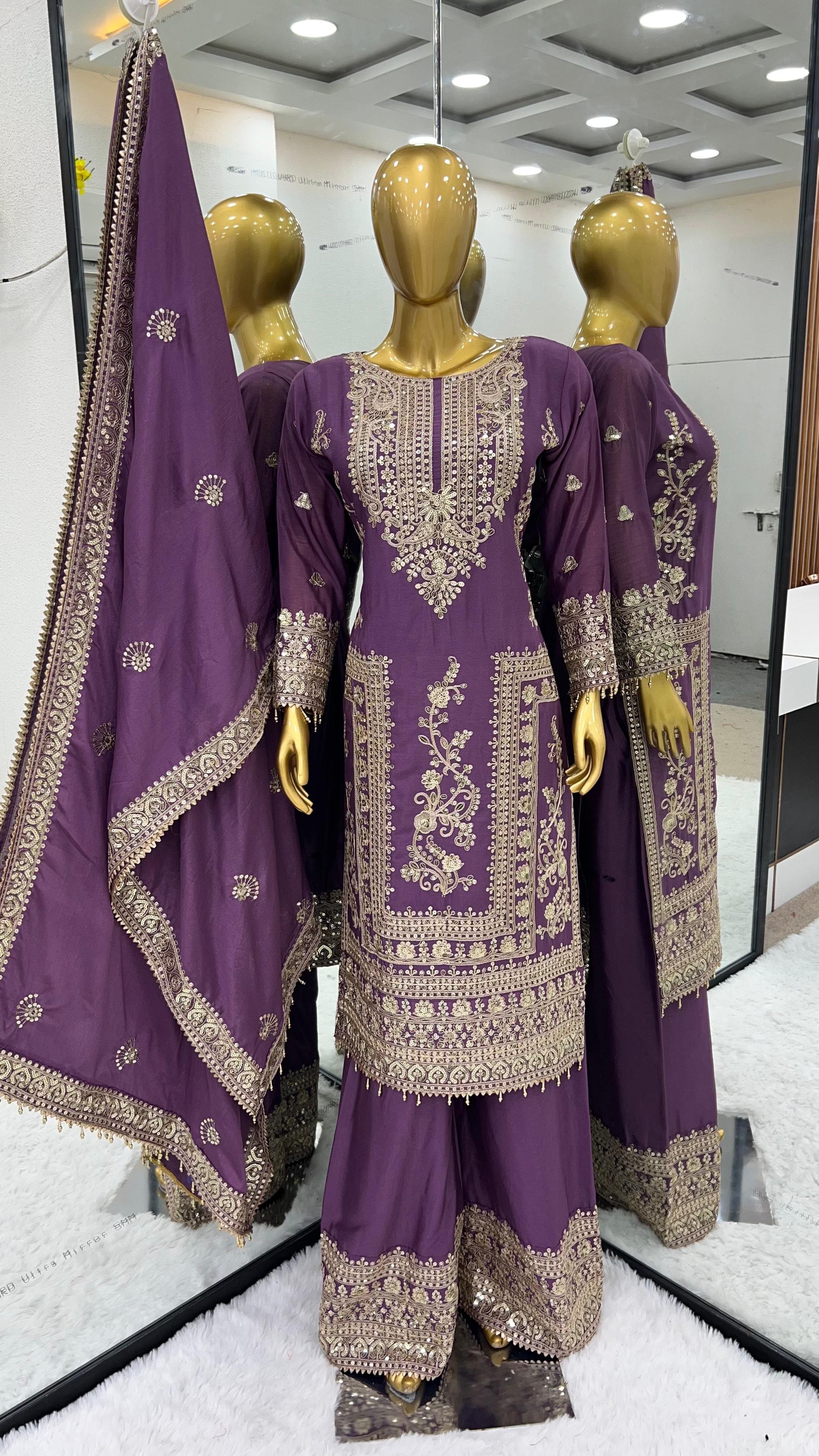 Awesome Purple Color Embroidery Work Palazzo Suit