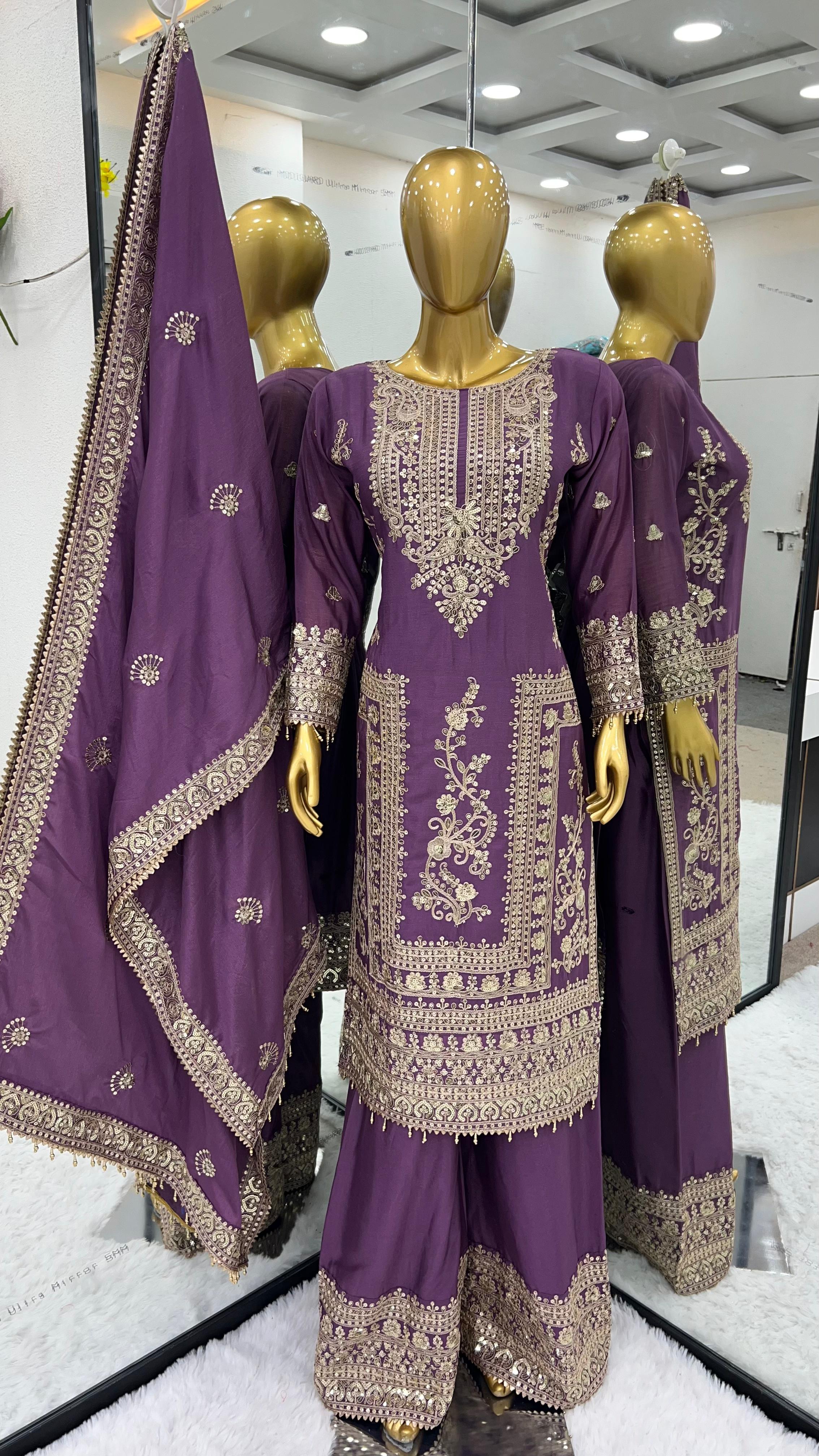 Awesome Purple Color Embroidery Work Palazzo Suit