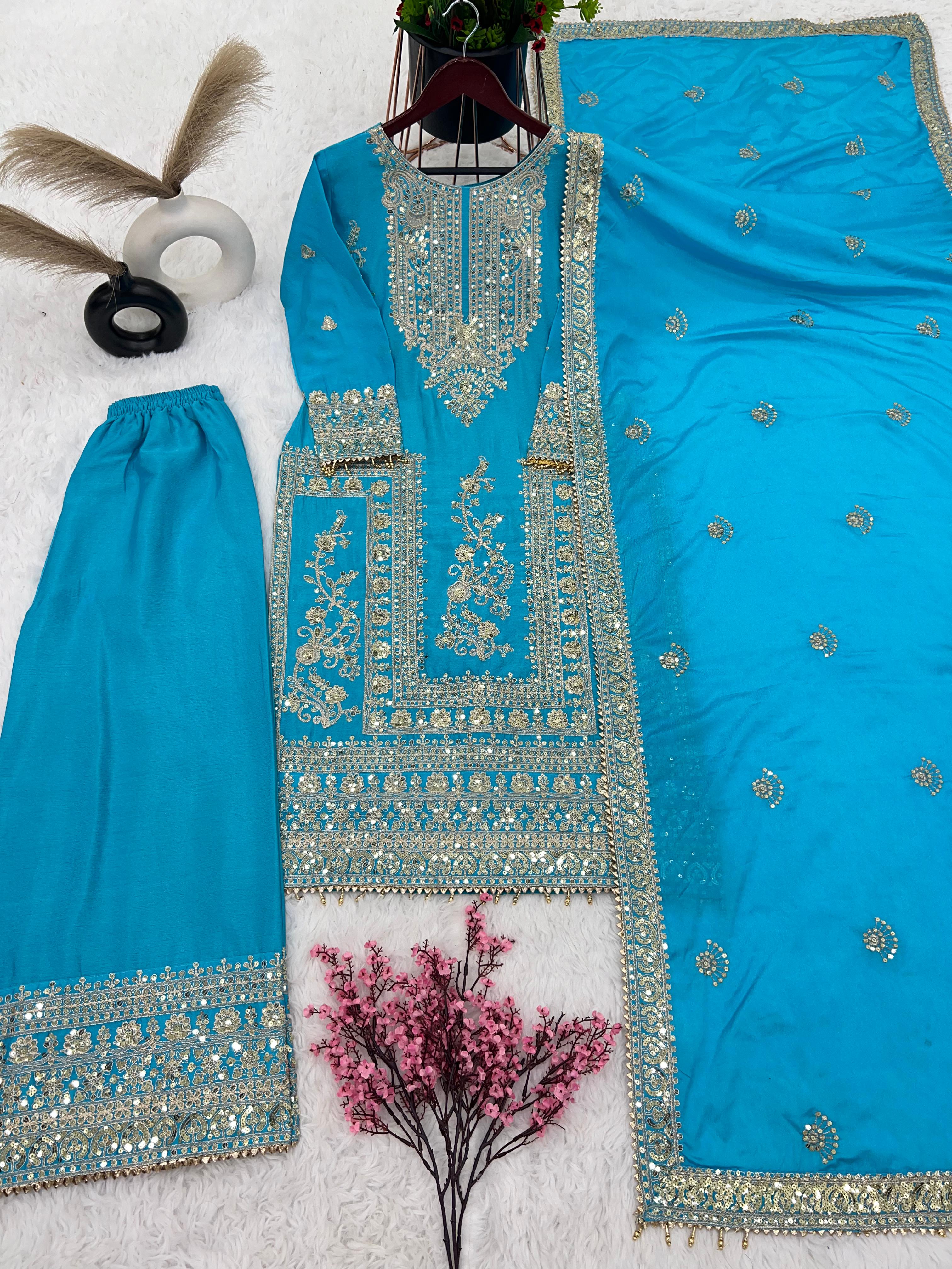 Awesome Sky Blue Color Embroidery Work Palazzo Suit