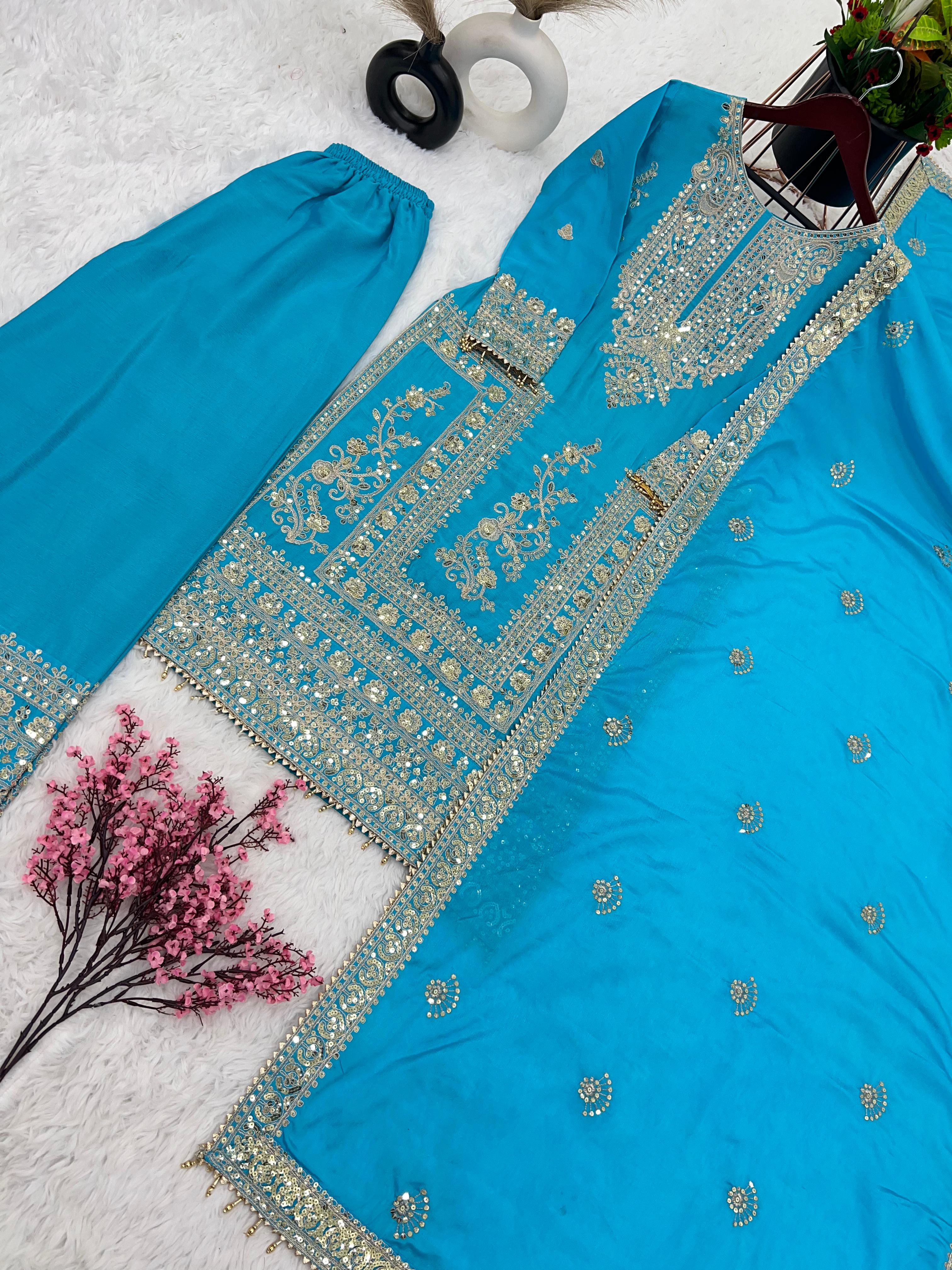 Awesome Sky Blue Color Embroidery Work Palazzo Suit