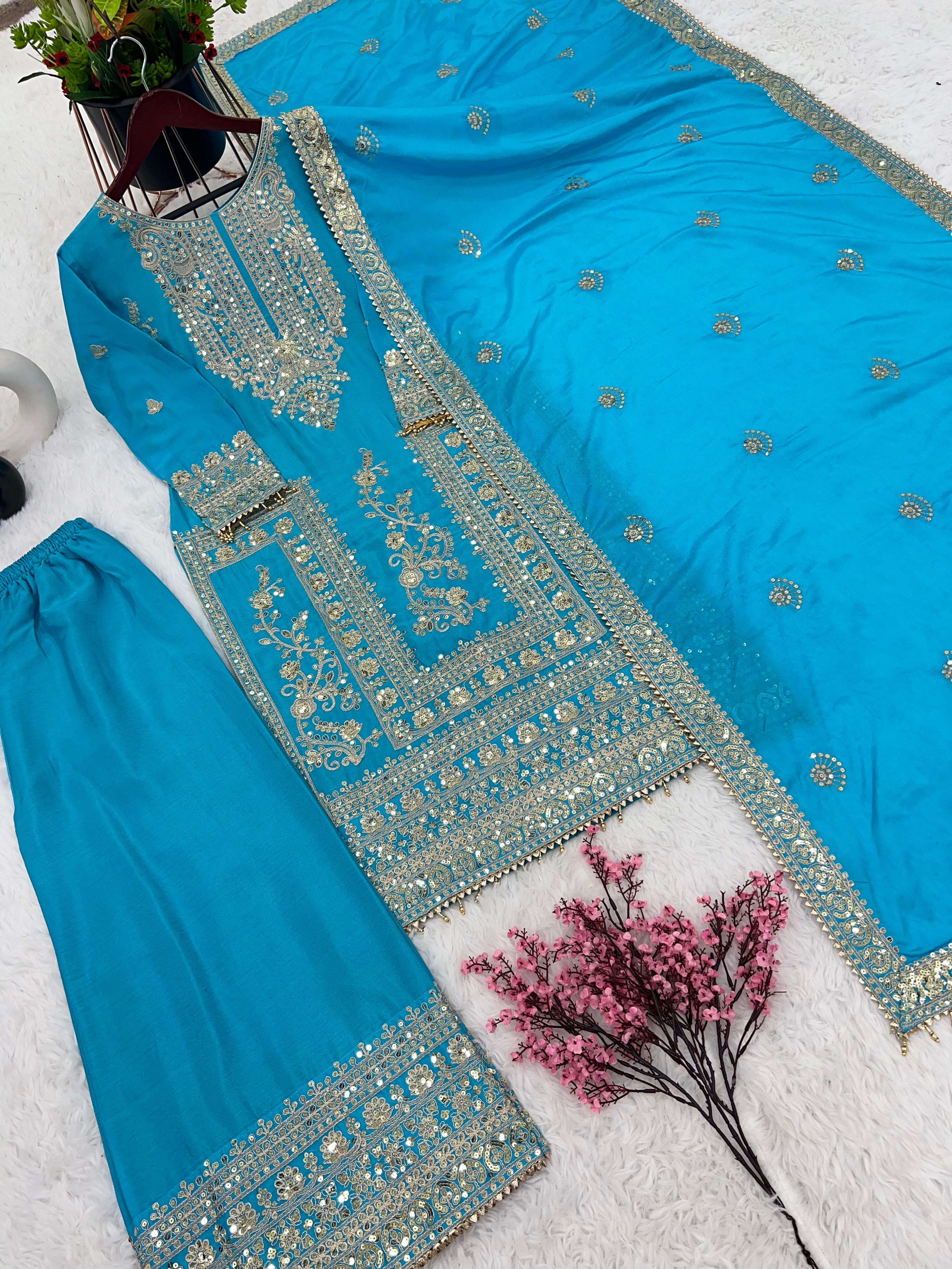 Awesome Sky Blue Color Embroidery Work Palazzo Suit