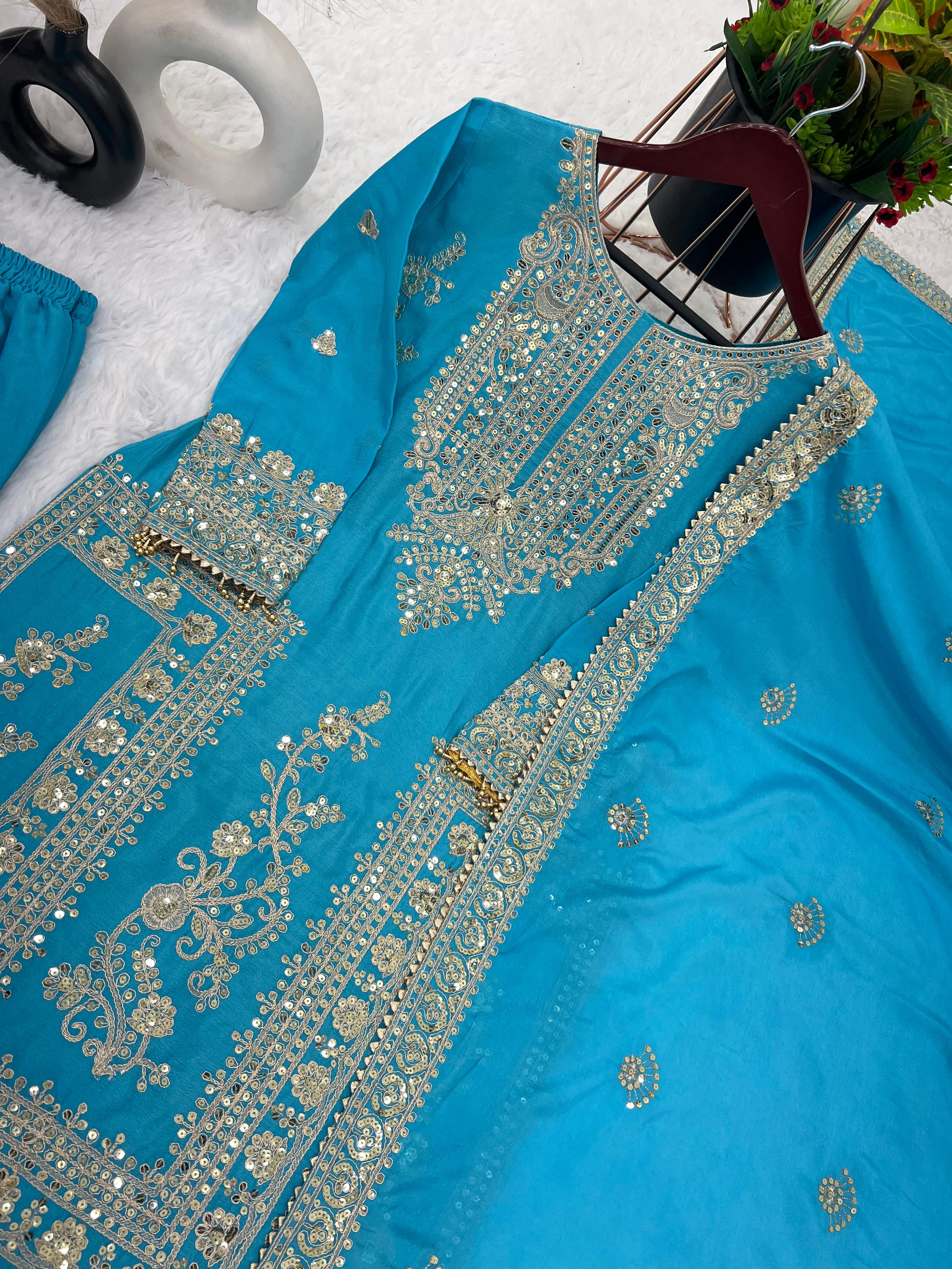 Awesome Sky Blue Color Embroidery Work Palazzo Suit