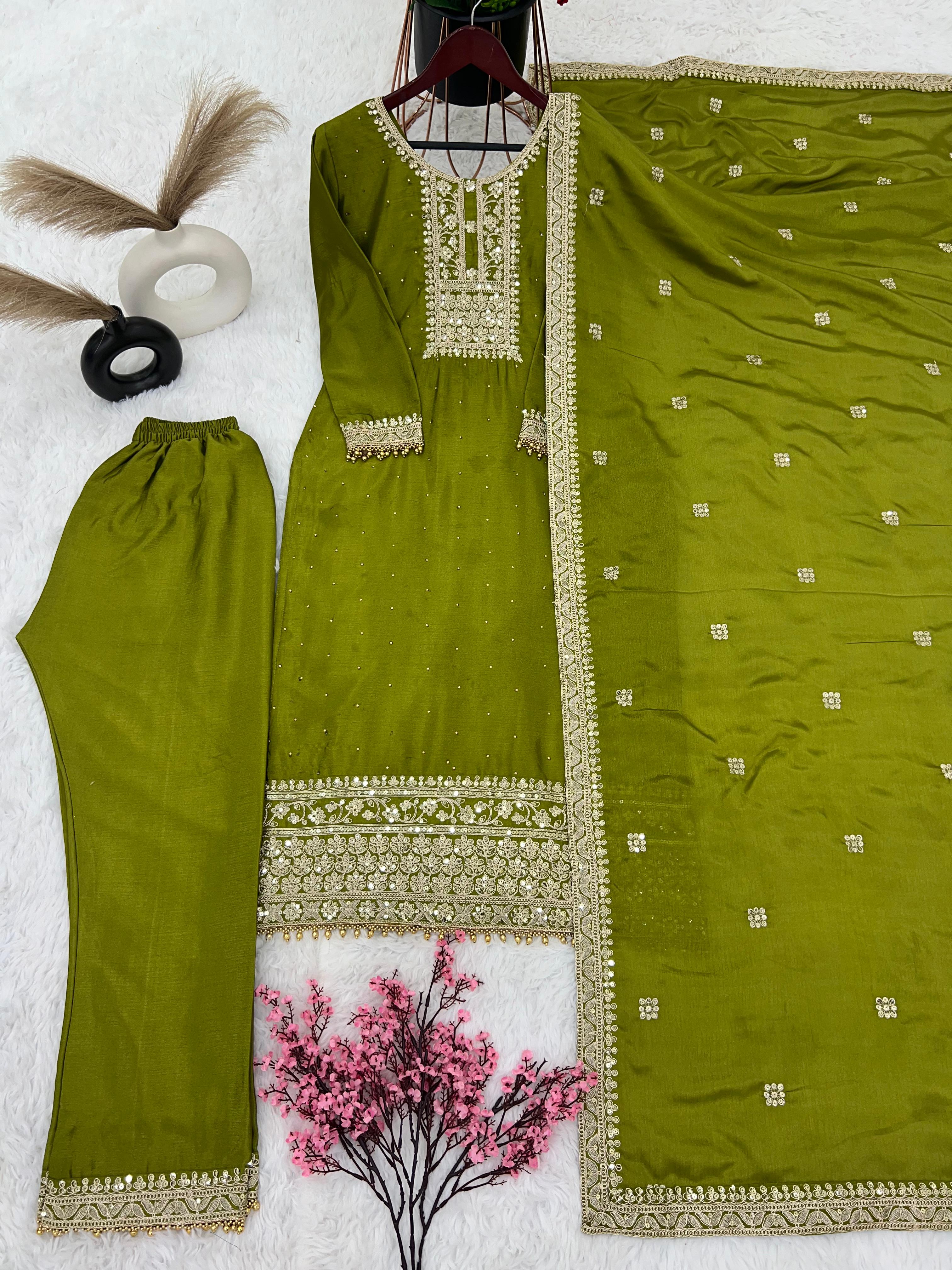 Mehndi Green Color Plazzo Suit With Gorgeous Dupatta