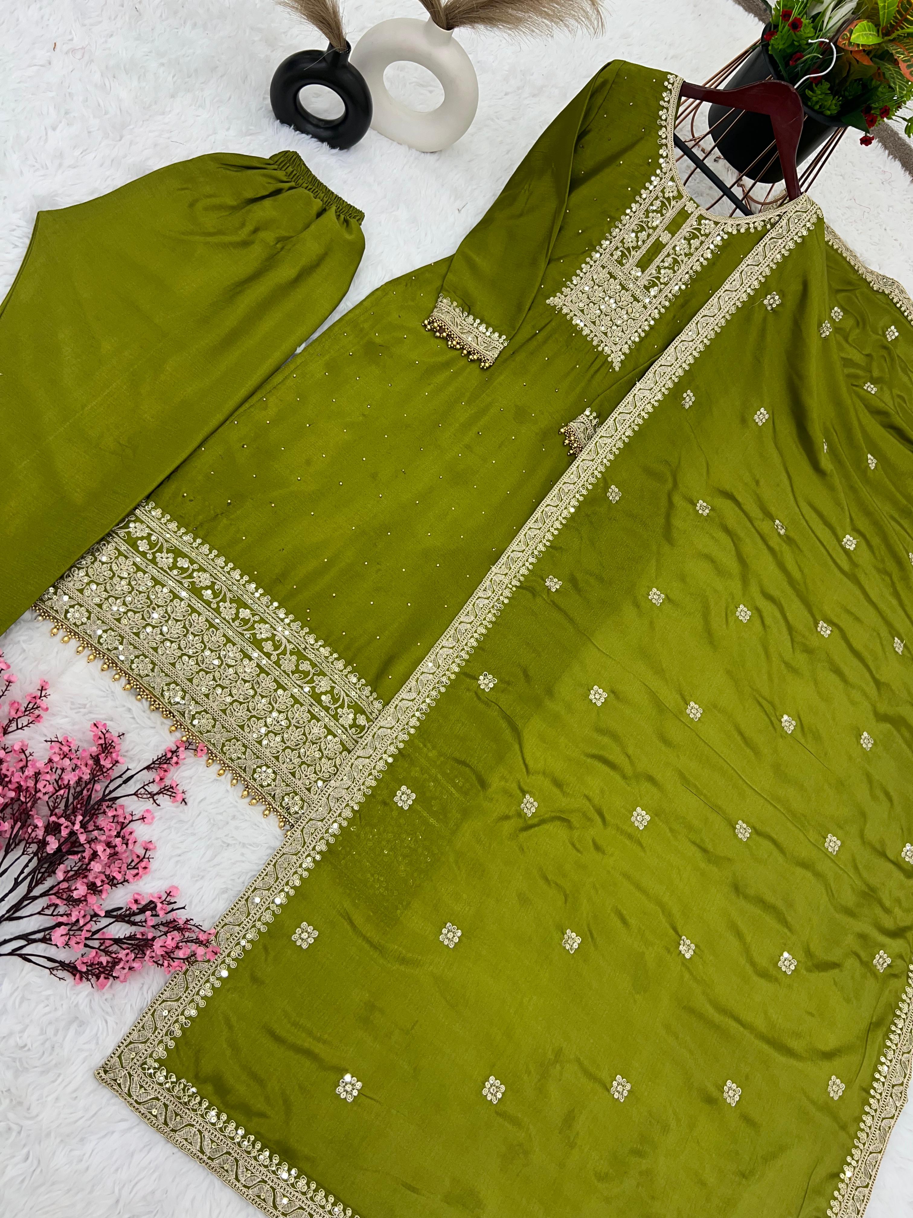 Mehndi Green Color Plazzo Suit With Gorgeous Dupatta