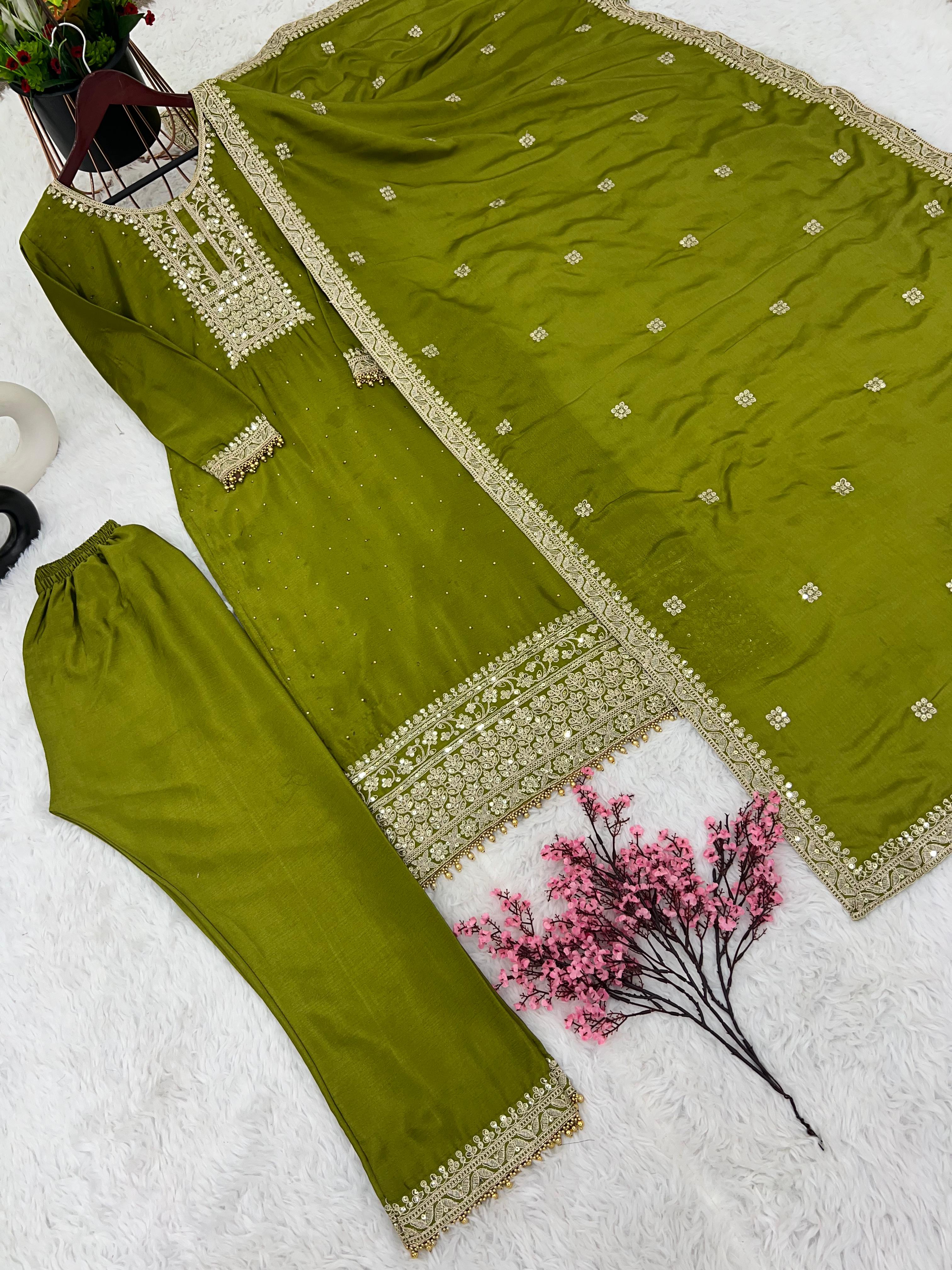 Mehndi Green Color Plazzo Suit With Gorgeous Dupatta