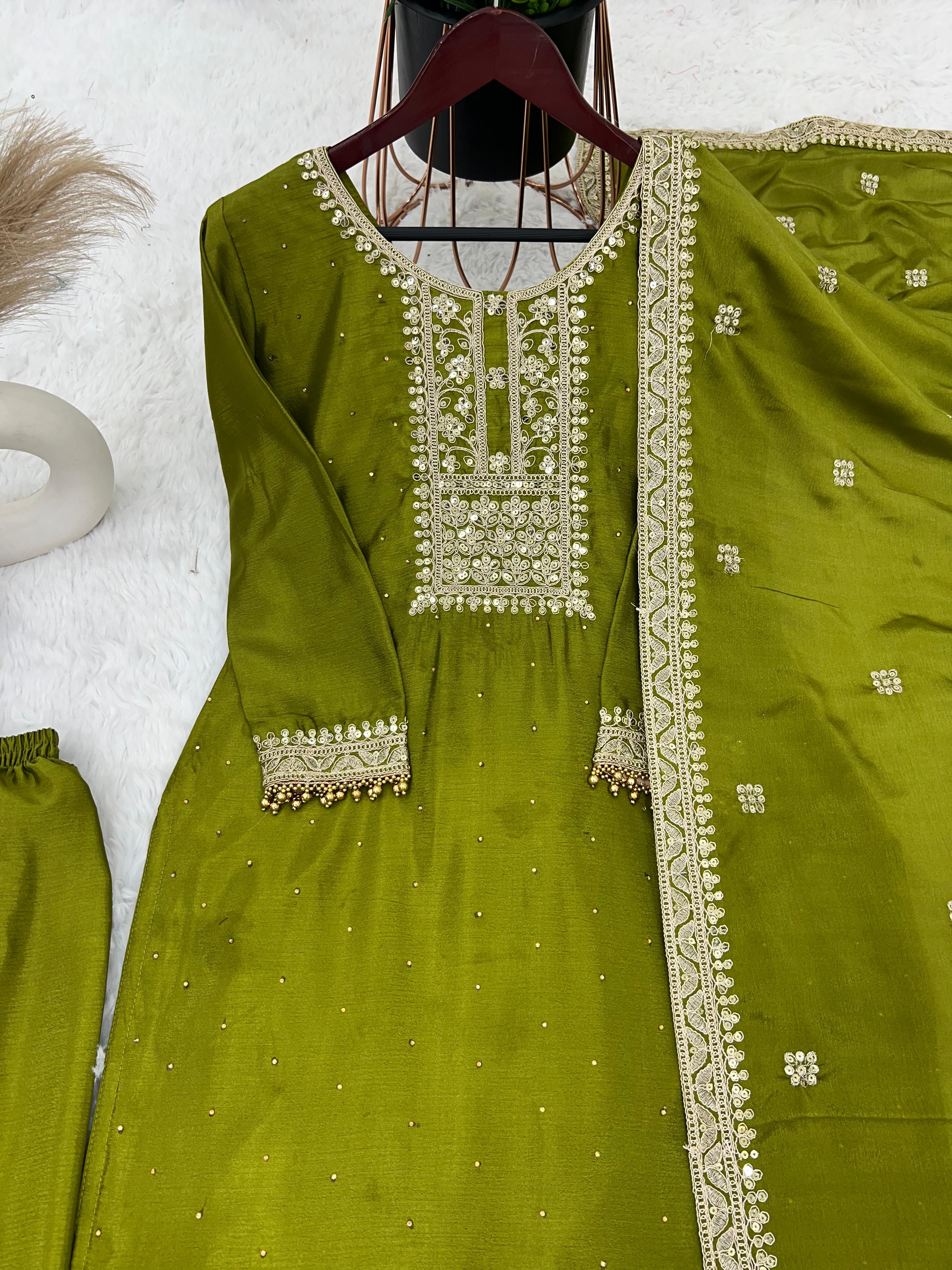 Mehndi Green Color Plazzo Suit With Gorgeous Dupatta