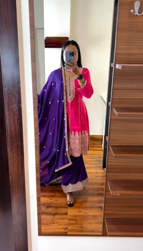 Heavy Pink With Purple Palazzo Suit