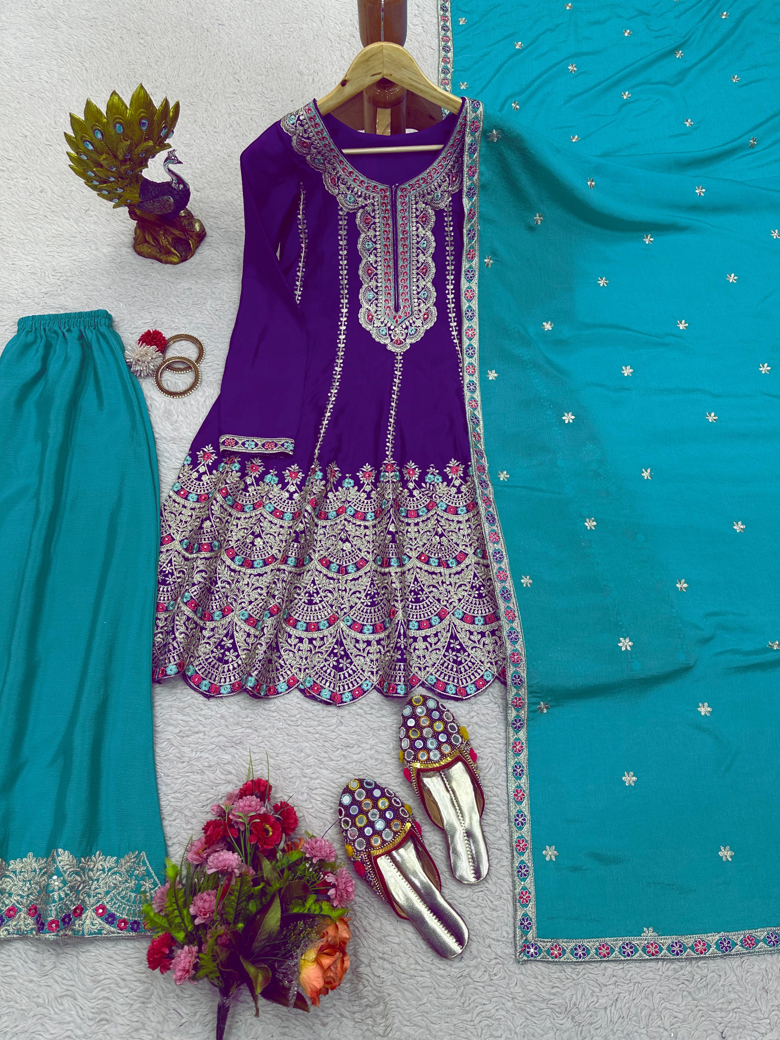 Heavy Purple With Sky Blue Palazzo Suit