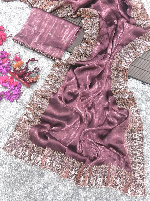 Golden Embroidery Work Border Dusty Pink Color Saree