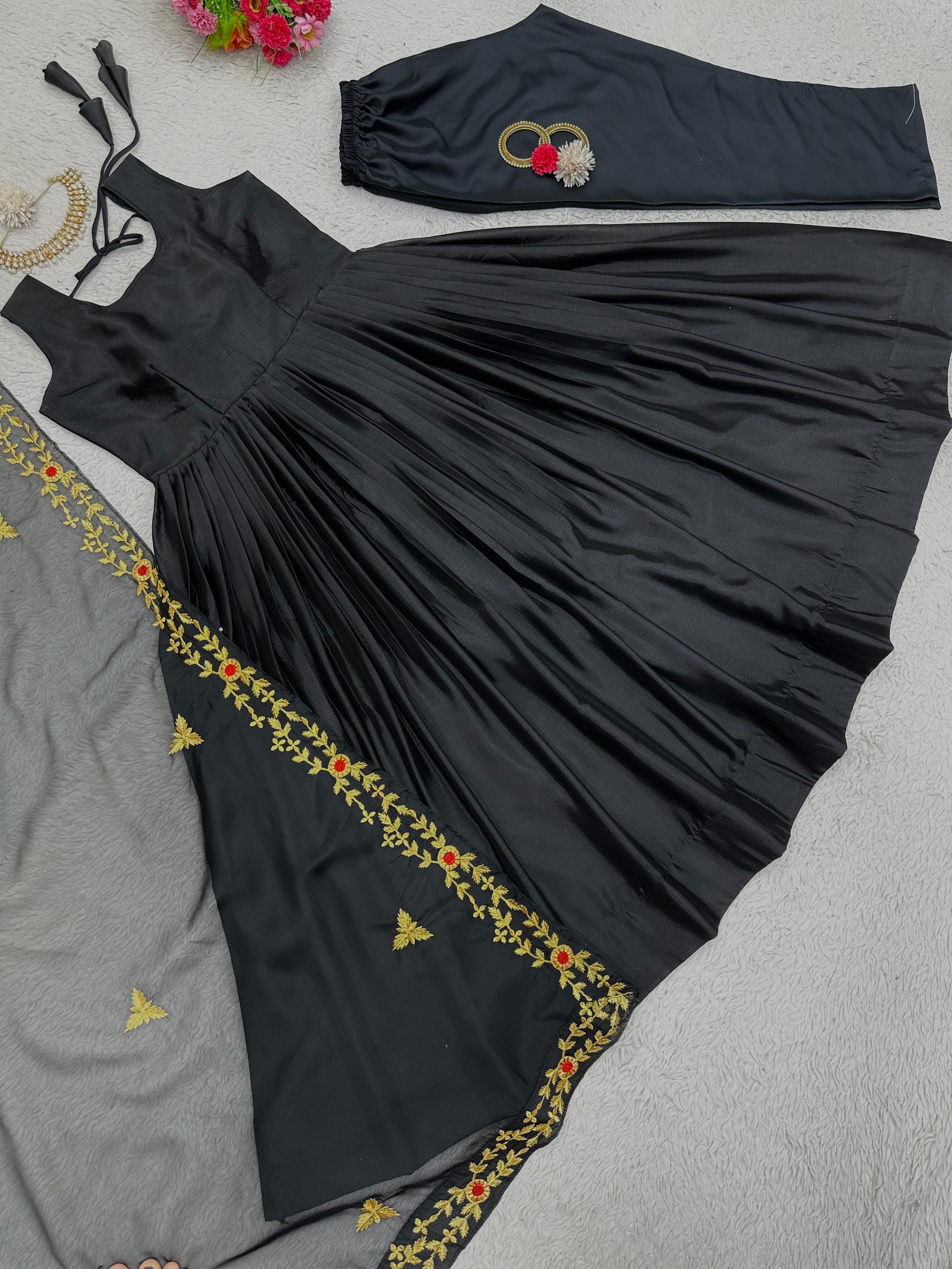 Gorgeous Plain Black Anarkali Gown With Organza Dupatta