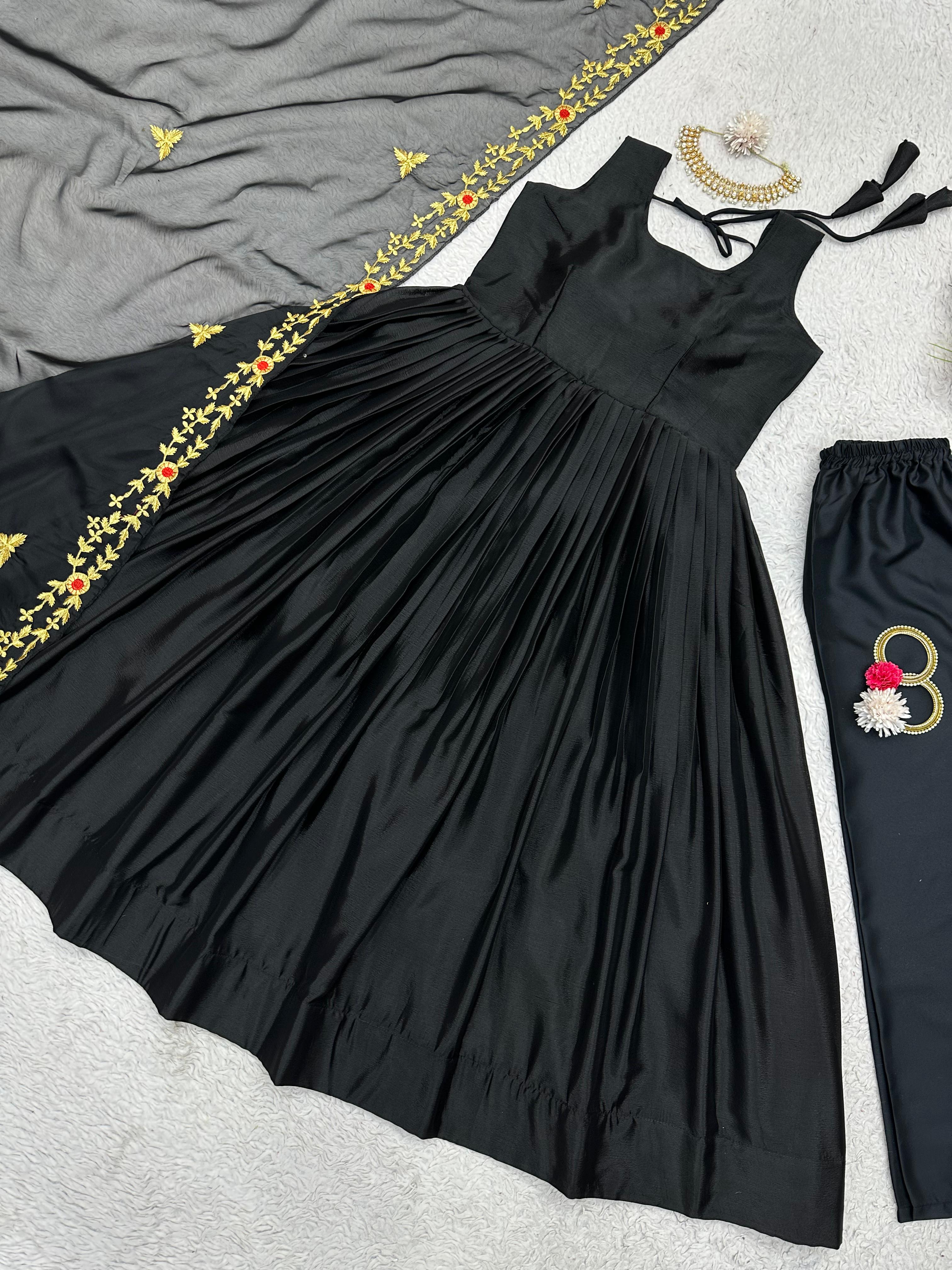 Gorgeous Plain Black Anarkali Gown With Organza Dupatta