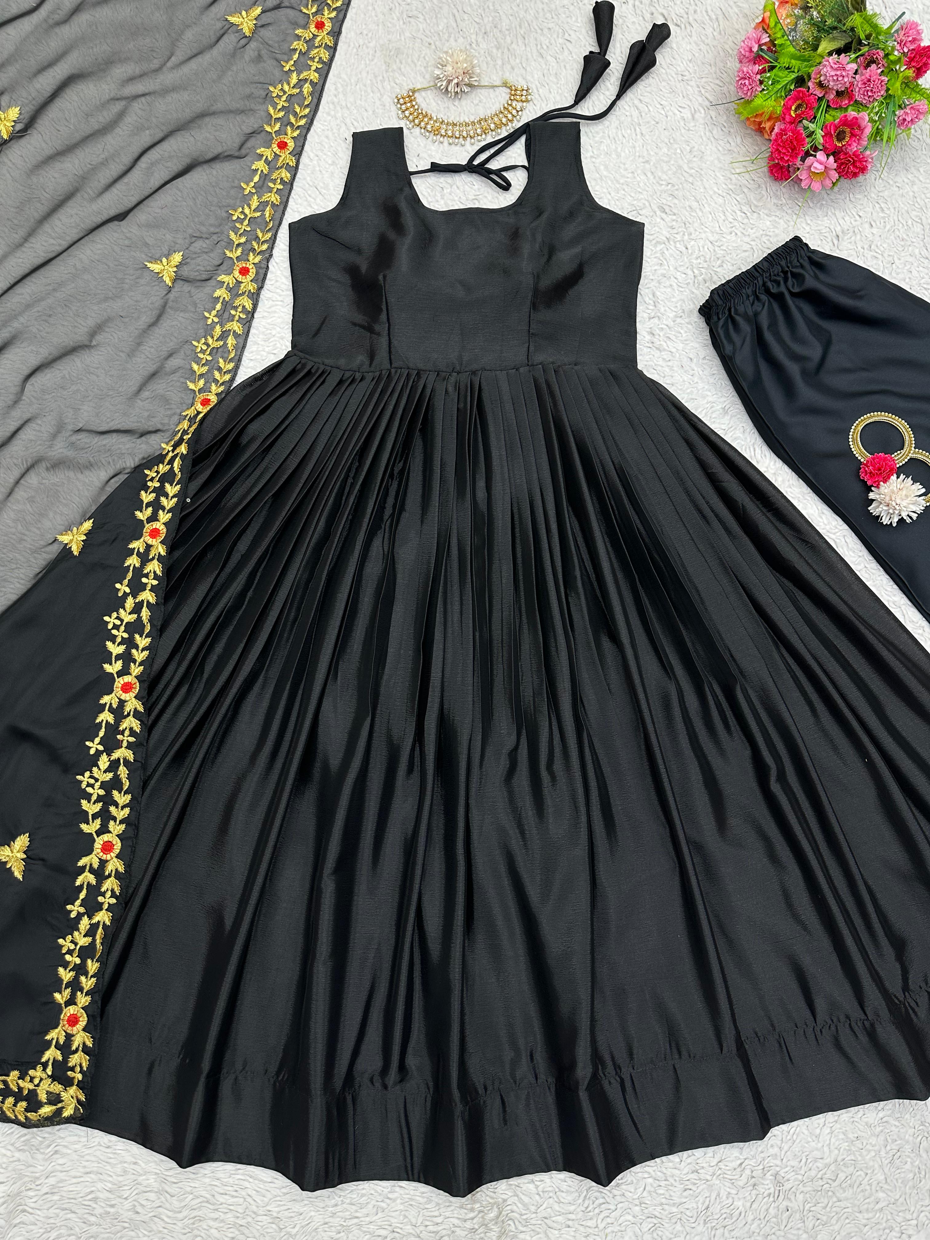 Gorgeous Plain Black Anarkali Gown With Organza Dupatta