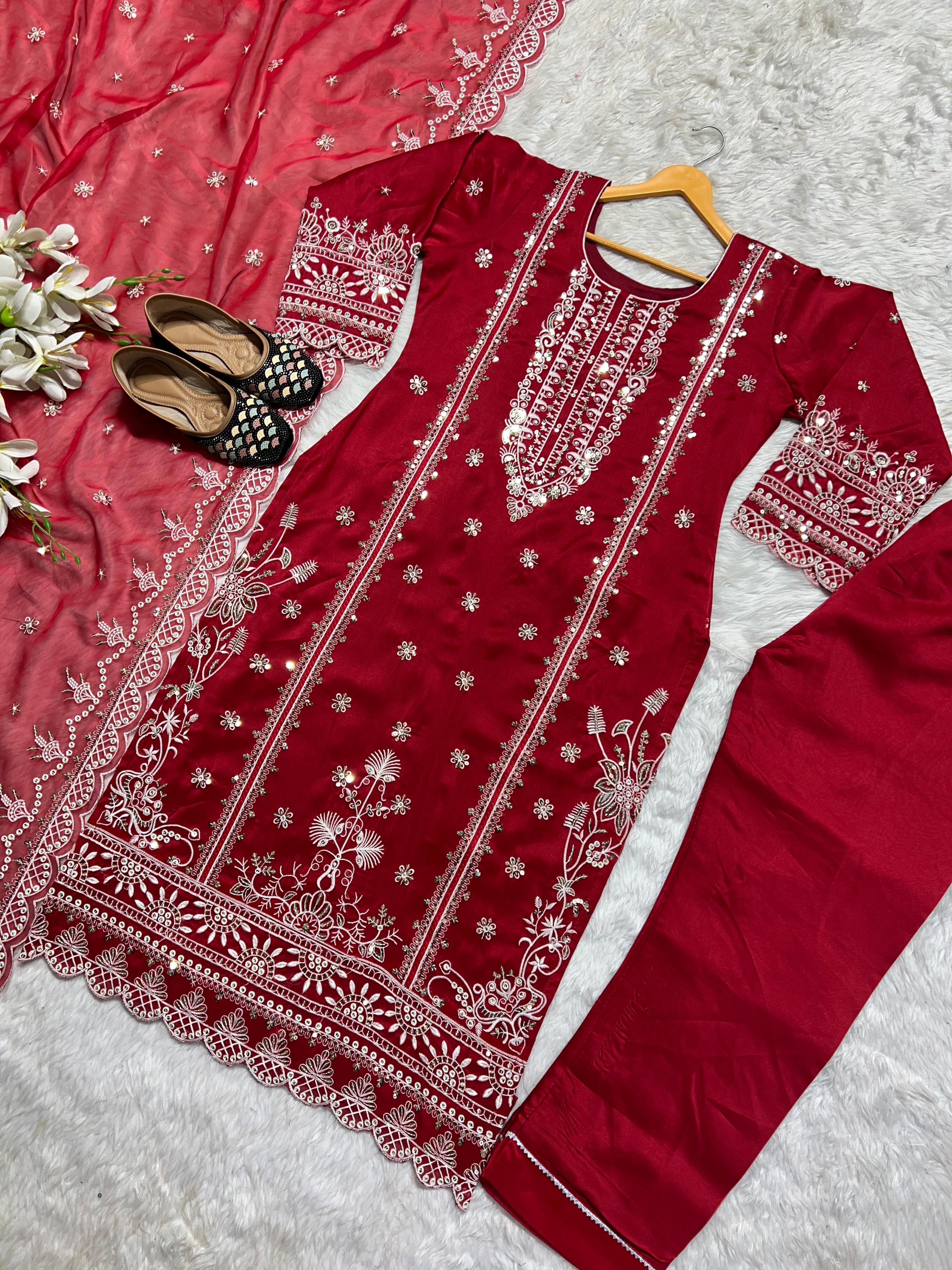 Eyes Catching Organza Red Color Salwar Suit