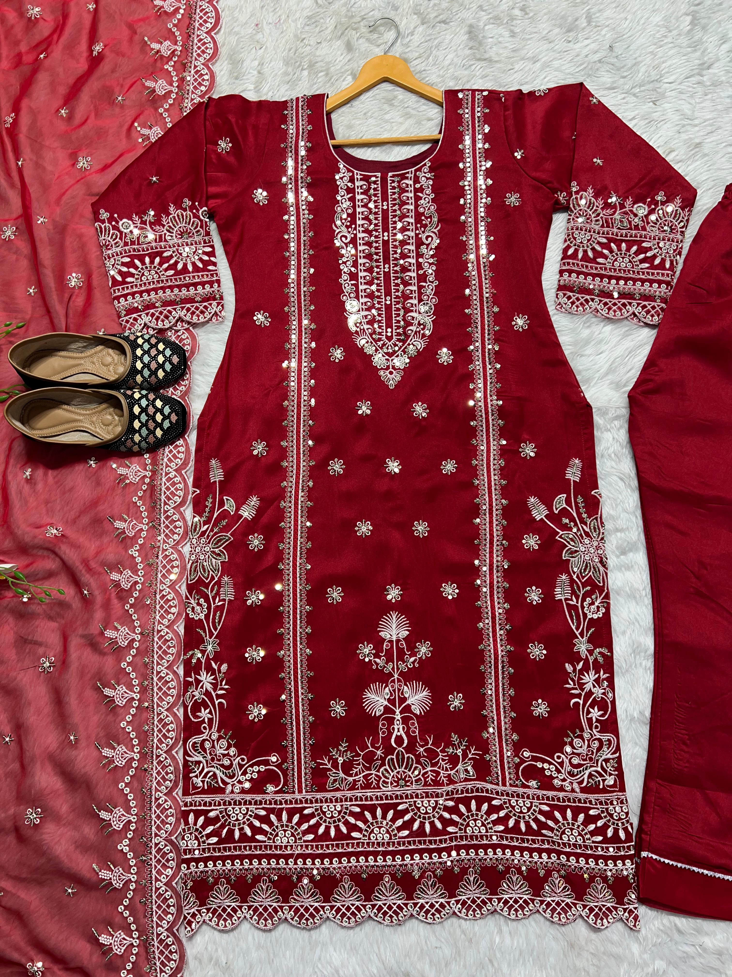 Eyes Catching Organza Red Color Salwar Suit