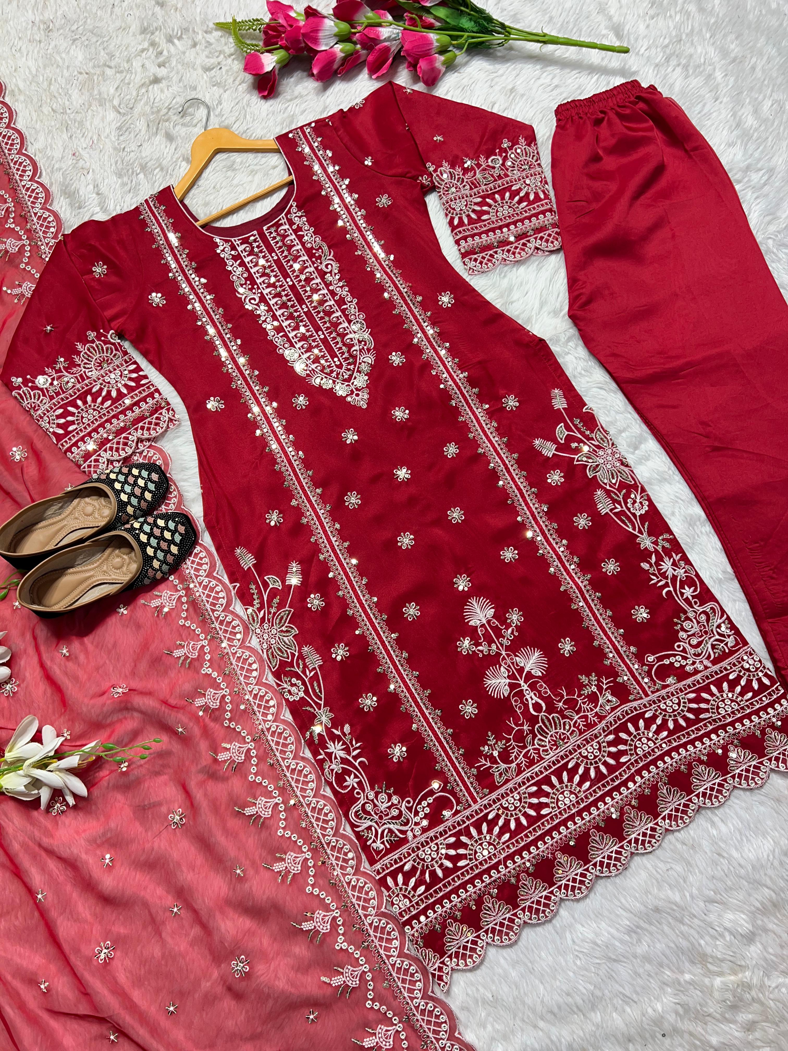 Eyes Catching Organza Red Color Salwar Suit