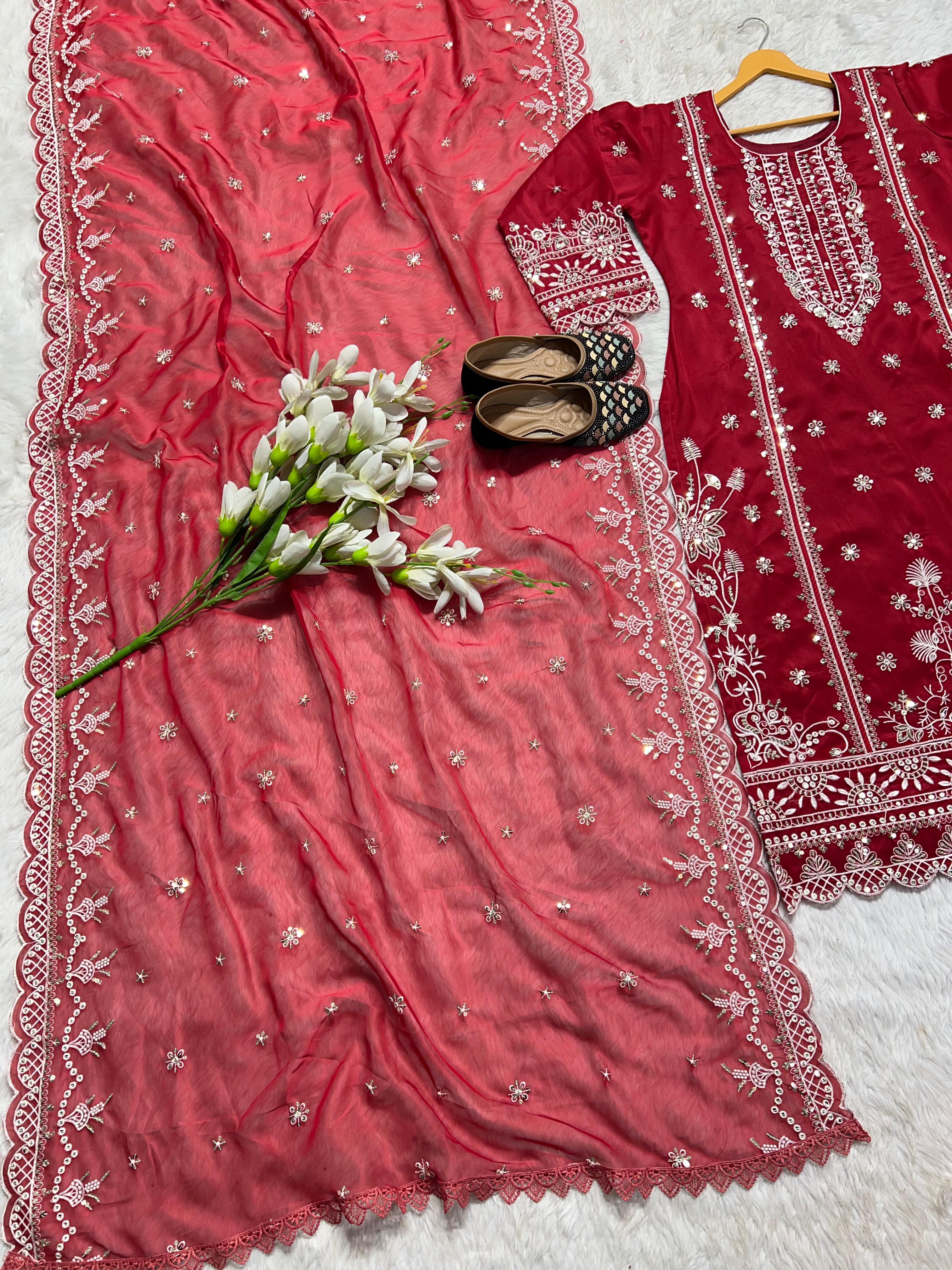 Eyes Catching Organza Red Color Salwar Suit