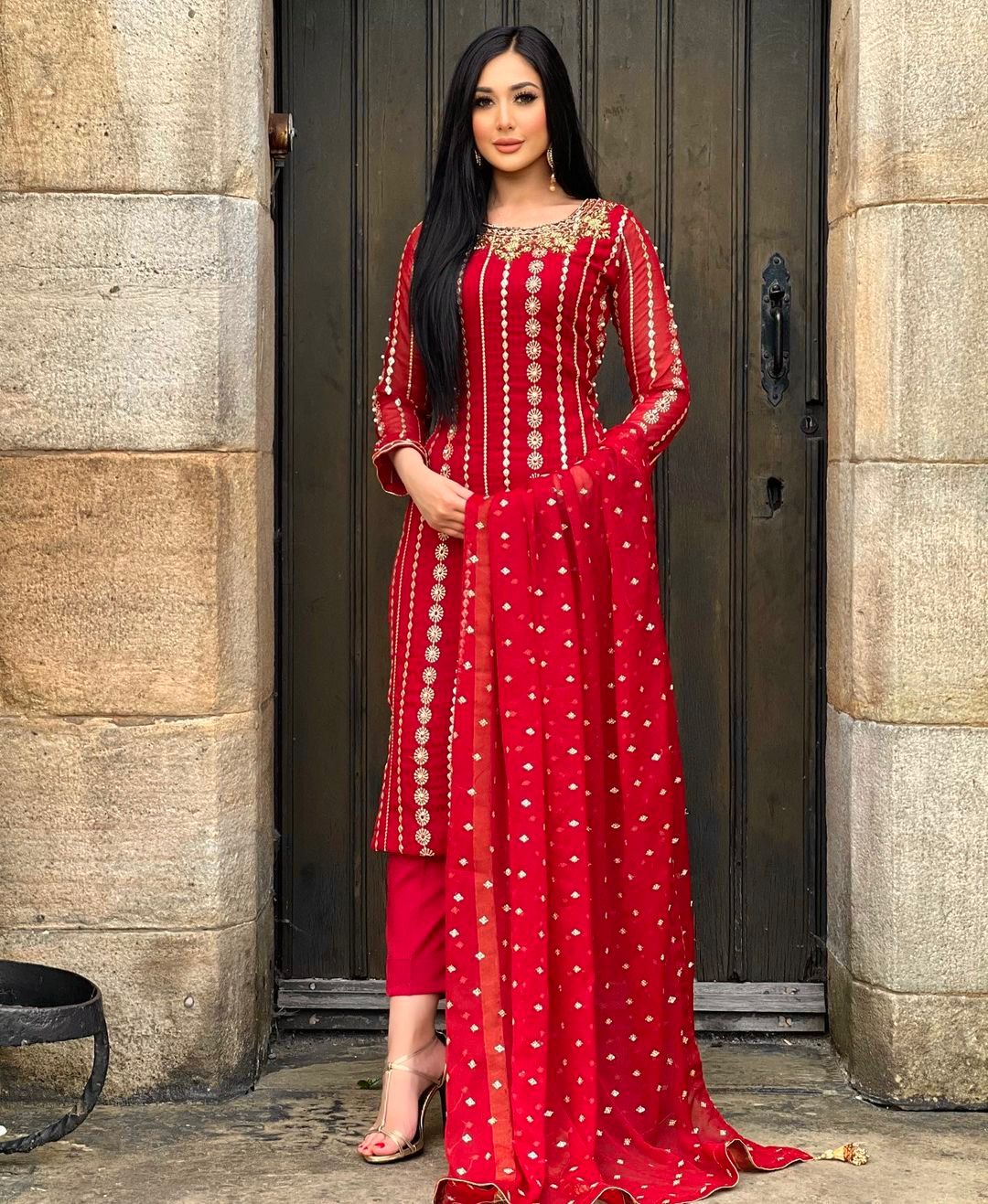 Outstanding Embroidery Work Red Color Salwar Suit