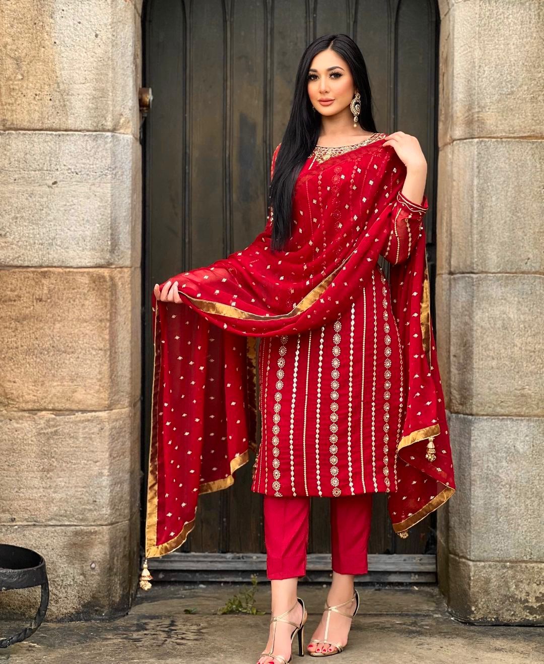 Outstanding Embroidery Work Red Color Salwar Suit