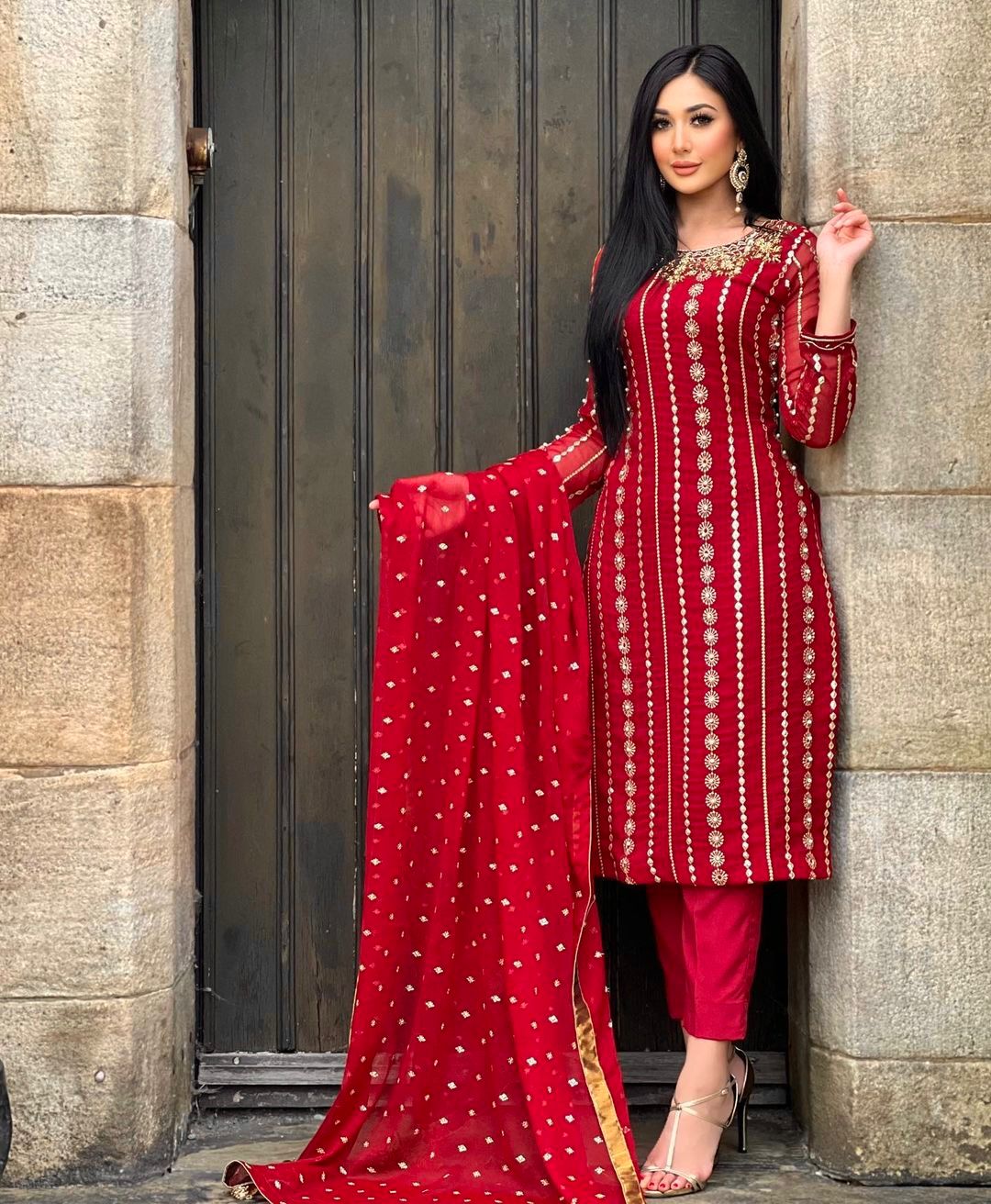 Outstanding Embroidery Work Red Color Salwar Suit