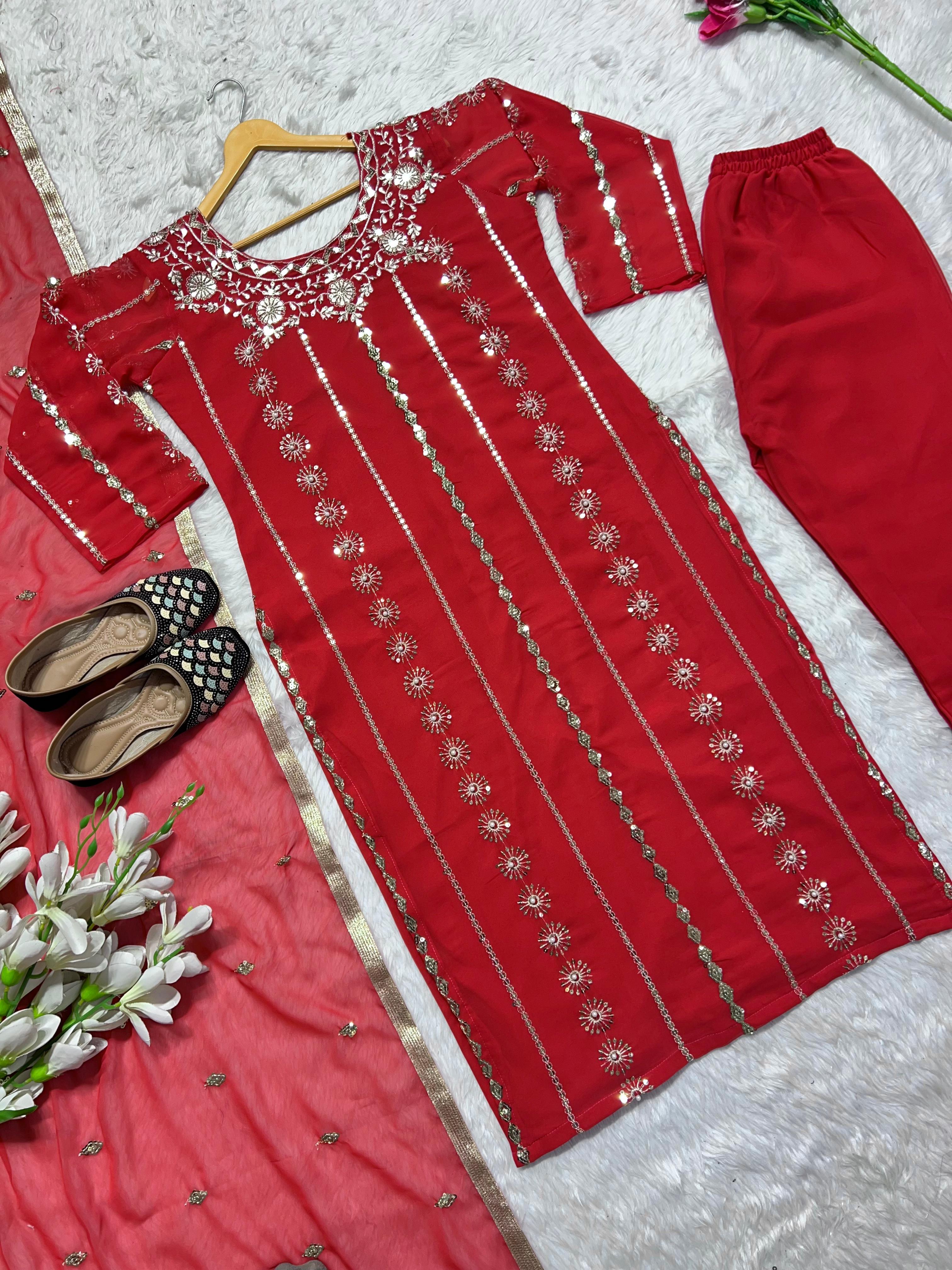 Outstanding Embroidery Work Red Color Salwar Suit