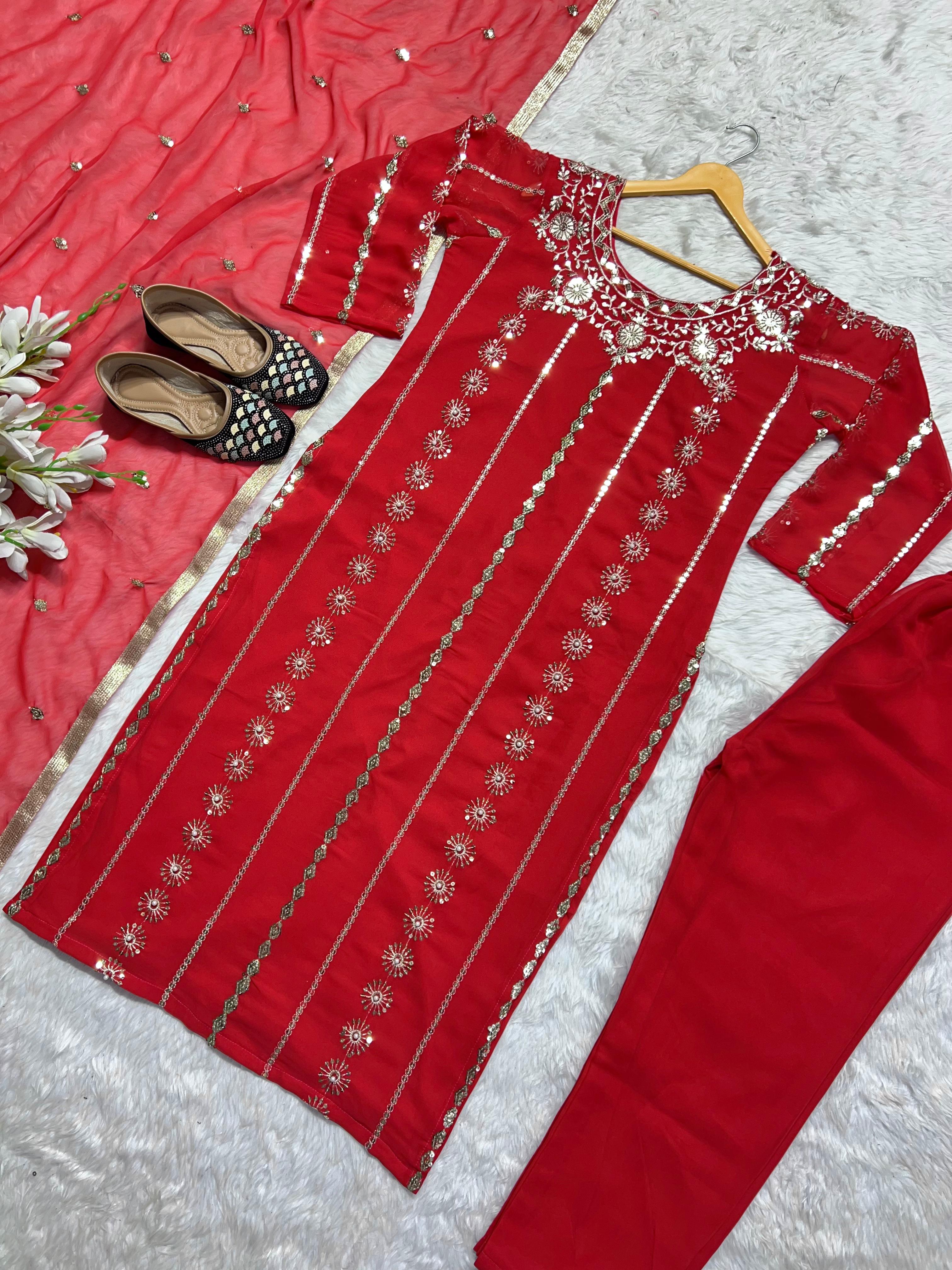 Outstanding Embroidery Work Red Color Salwar Suit