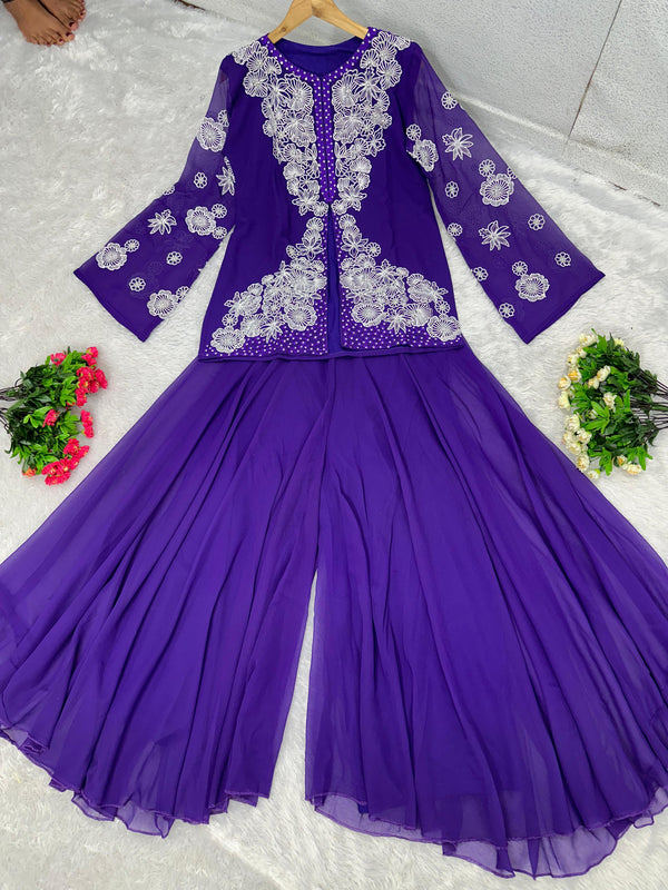 Beautiful Thread With Peral Work Purple Sharara Suit