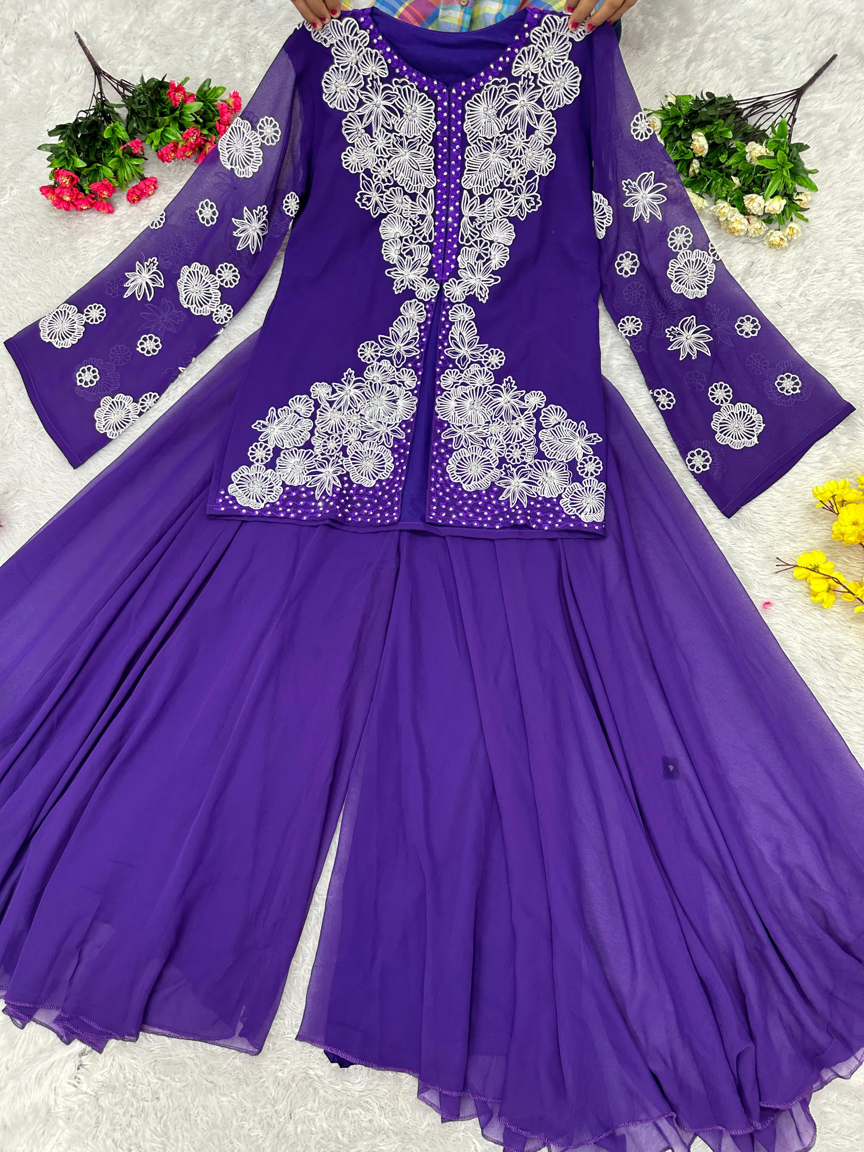 Beautiful Thread With Peral Work Purple Sharara Suit