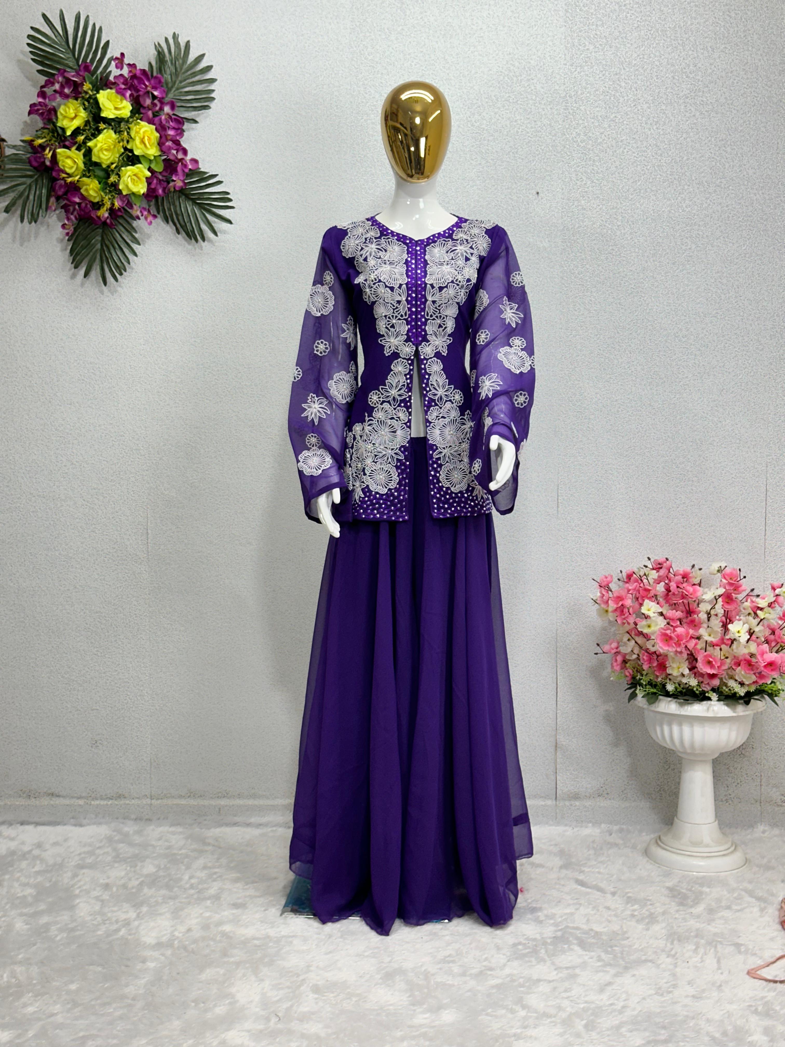 Beautiful Thread With Peral Work Purple Sharara Suit