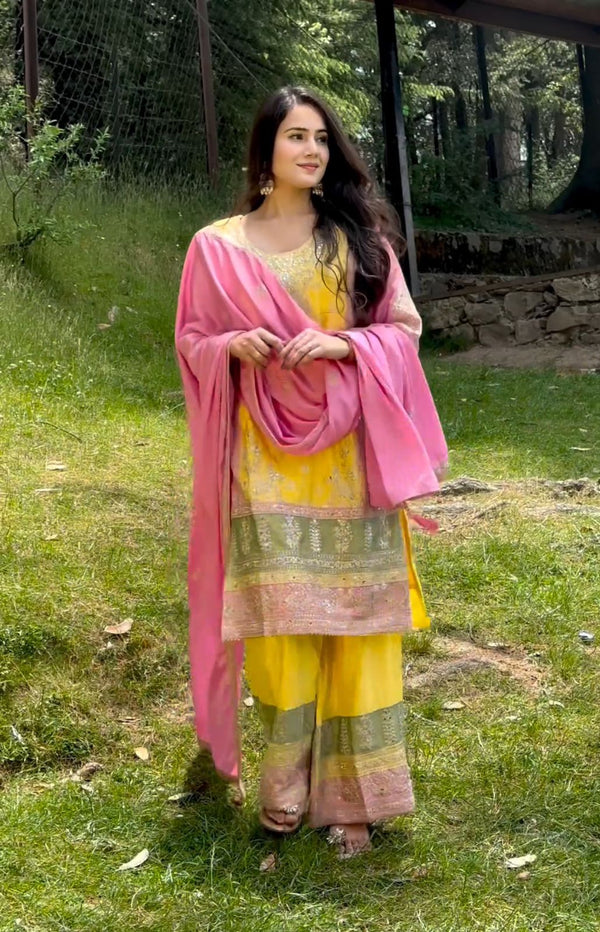 Fabulous Yellow Color Palazzo Suit With Pink Dupatta