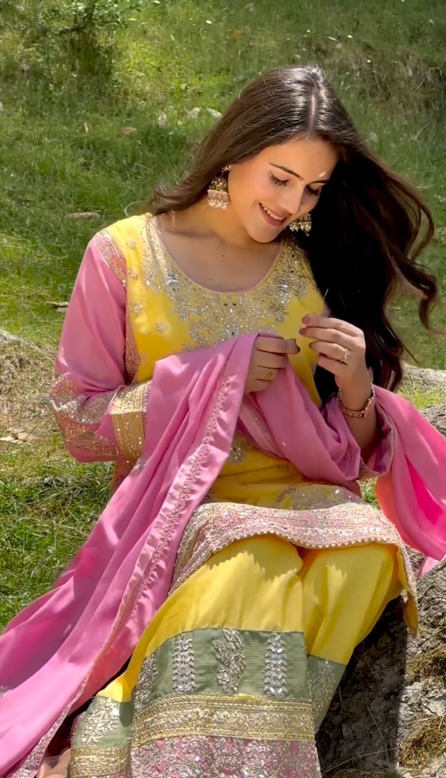 Fabulous Yellow Color Palazzo Suit With Pink Dupatta