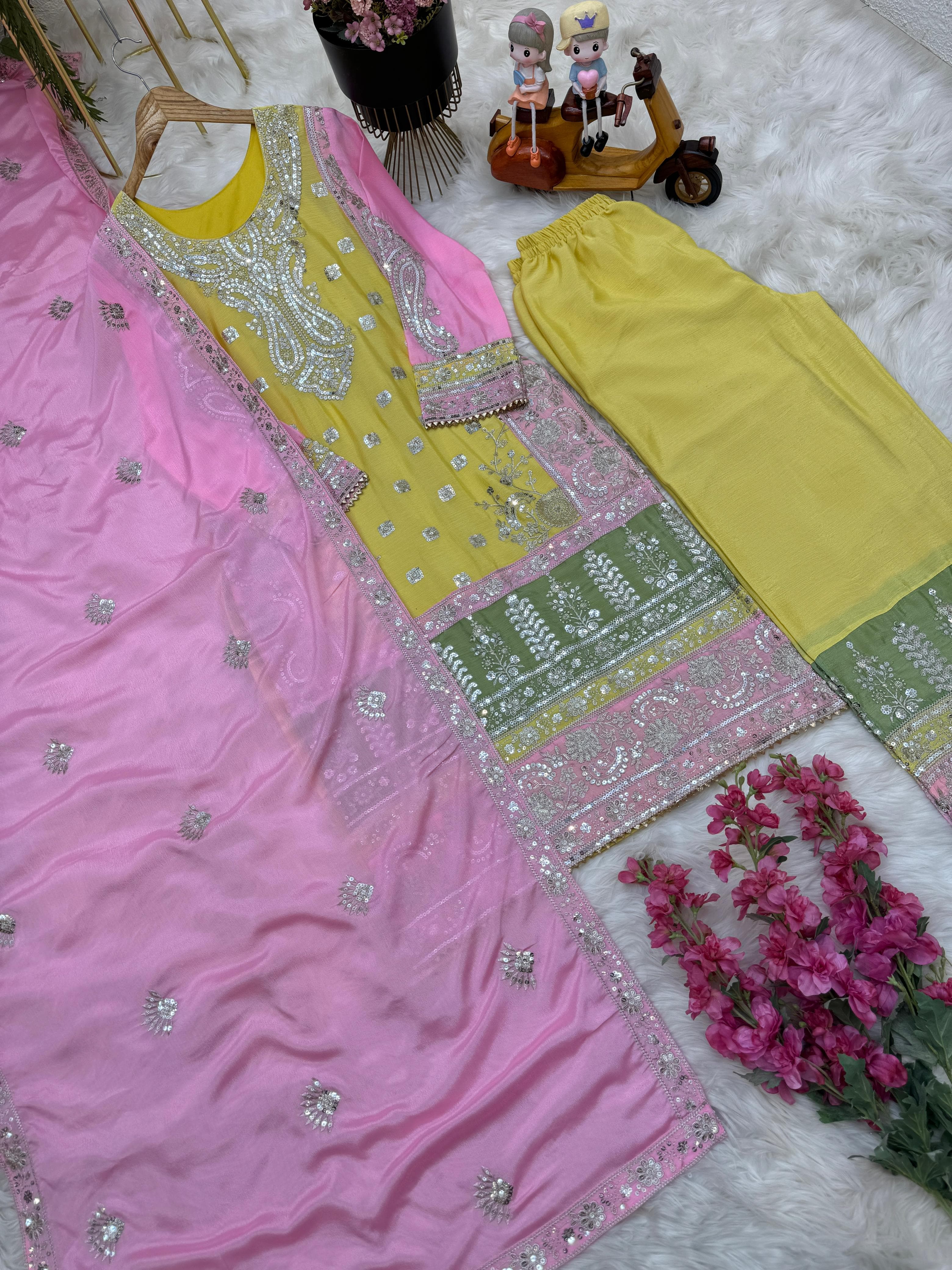 Fabulous Yellow Color Palazzo Suit With Pink Dupatta