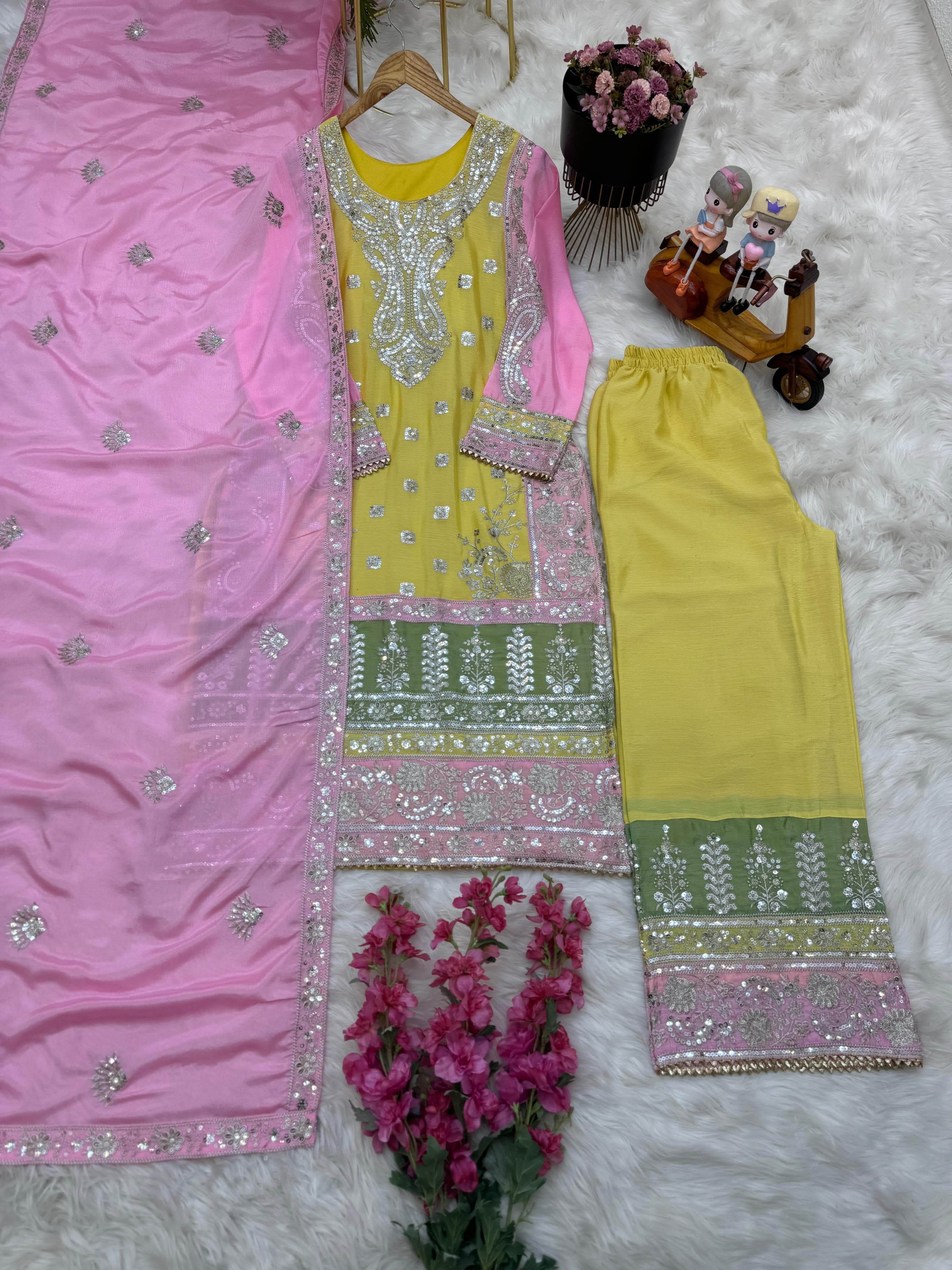 Fabulous Yellow Color Palazzo Suit With Pink Dupatta