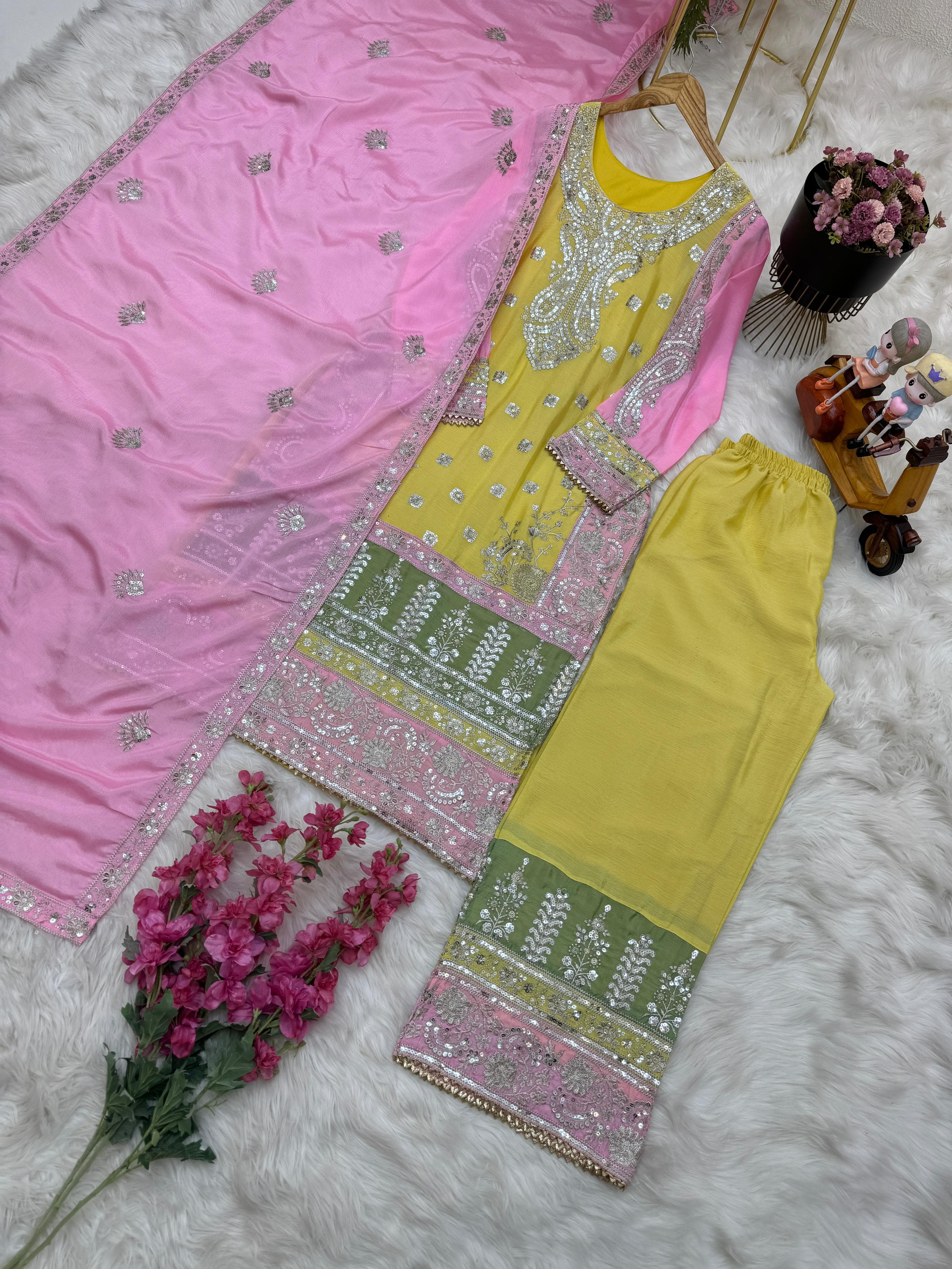 Fabulous Yellow Color Palazzo Suit With Pink Dupatta